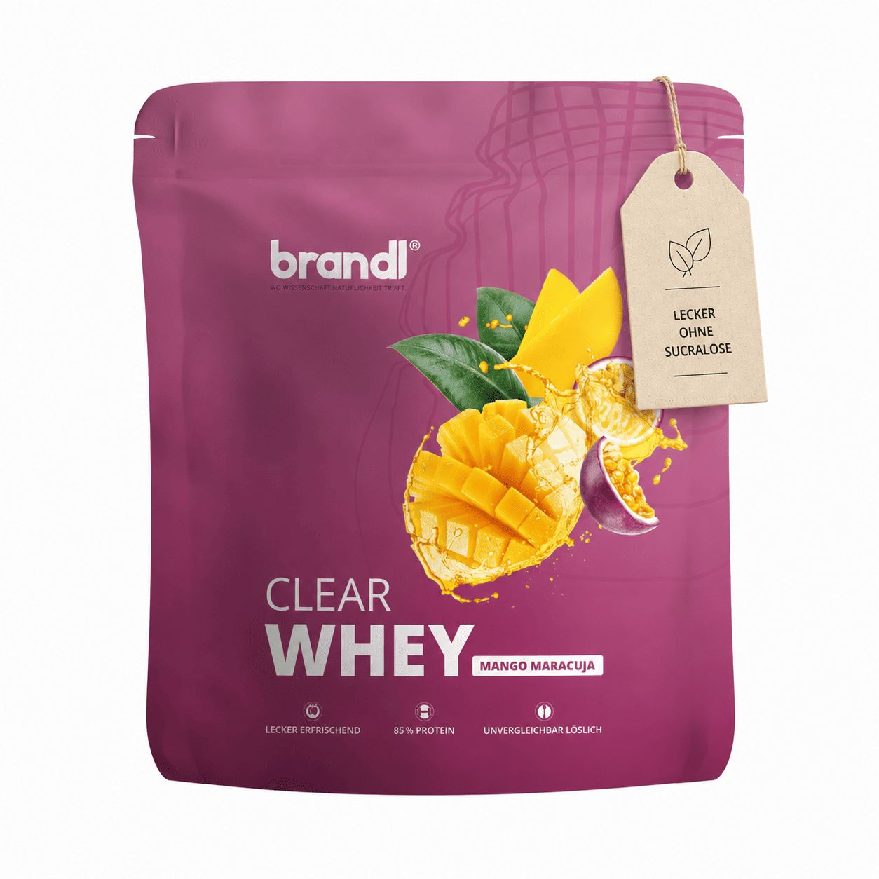Packung mit Mango-Maracuja-Geschmack. Text: Clear Whey, Mango Maracuja, lecker erfrischend, 85% Protein, ohne Sucralose.