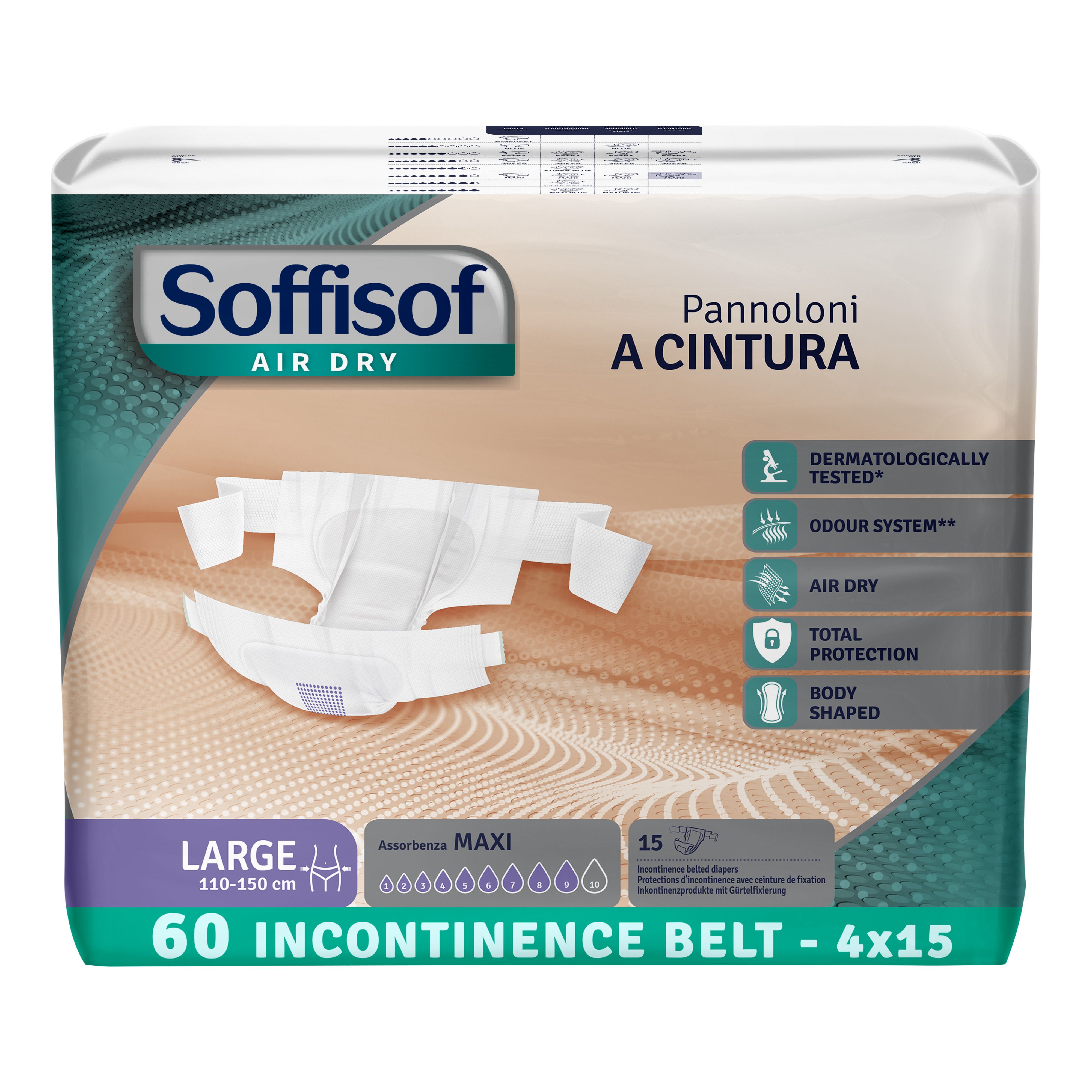 Verpakking incontinentiebroekjes. Large, 110-150 cm. 60 stuks. Met heupband. Dermatologisch getest, geurcontrole, Air Dry, totale bescherming.