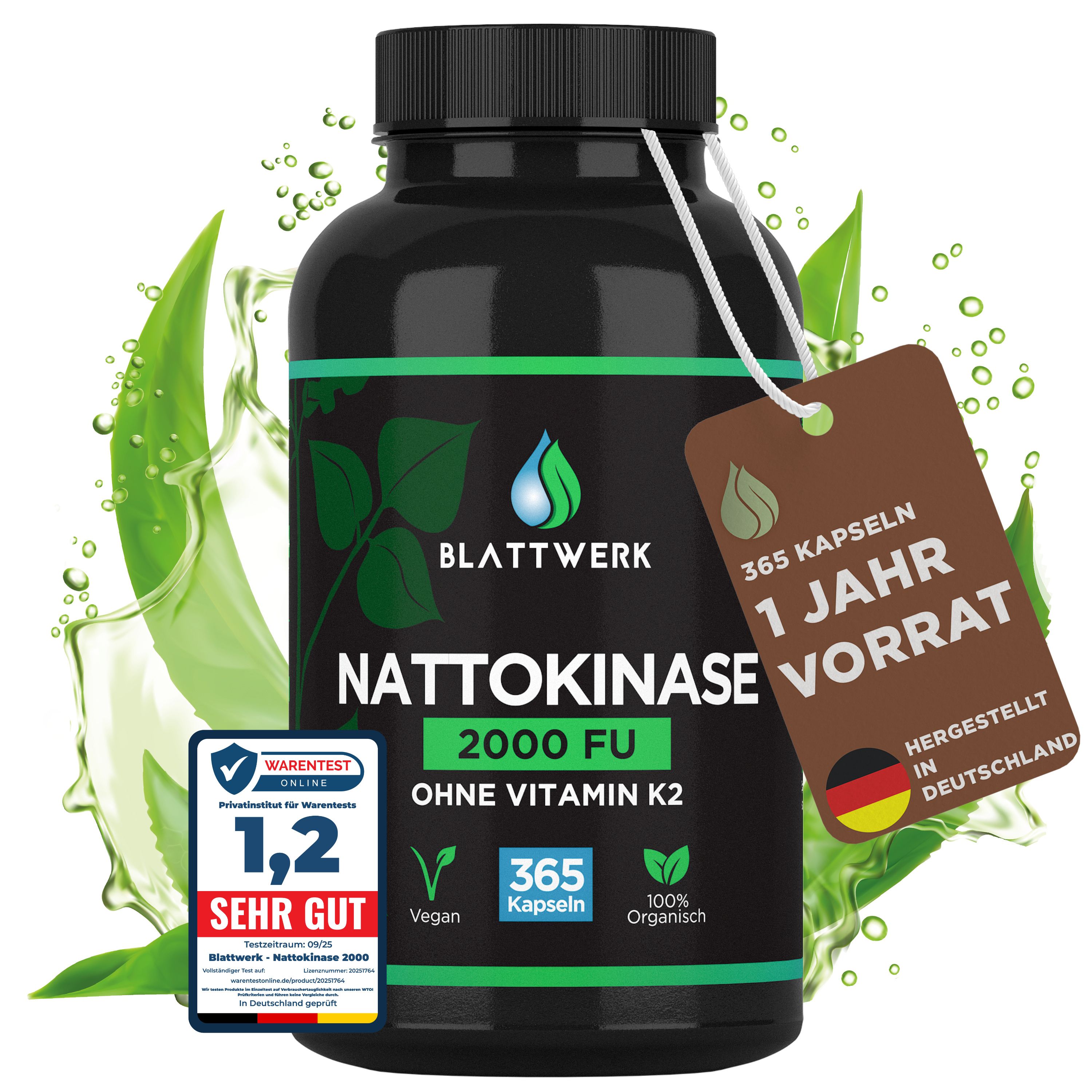 Schwarze Flasche mit Kapseln, Etikett mit Produktinformationen. Siegel: 1,2 Sehr Gut. Anhänger: 365 Kapseln, 1 Jahr Vorrat.