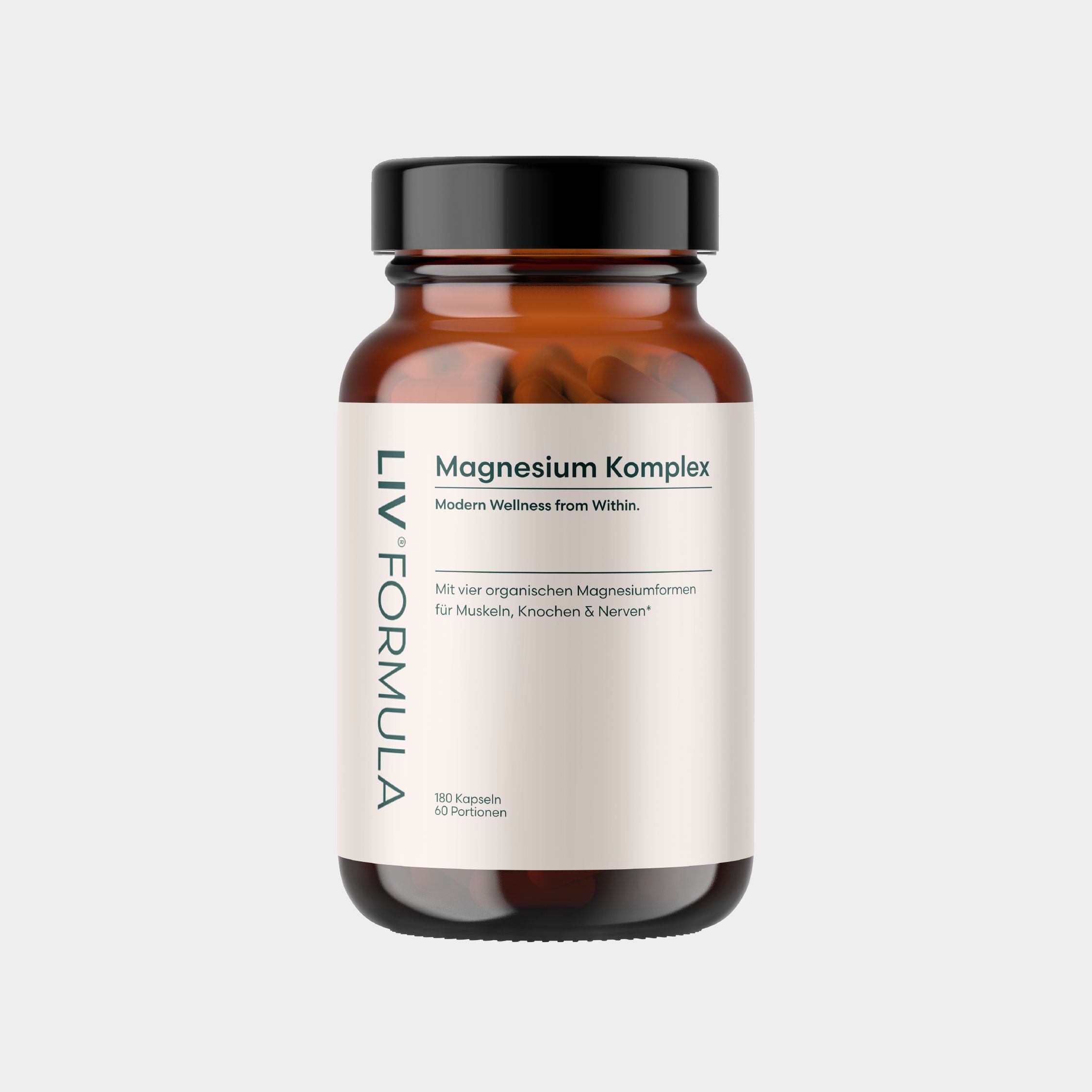 Braune Glasflasche mit Etikett: LIV FORMULA Magnesium Komplex, 100 Kapseln.