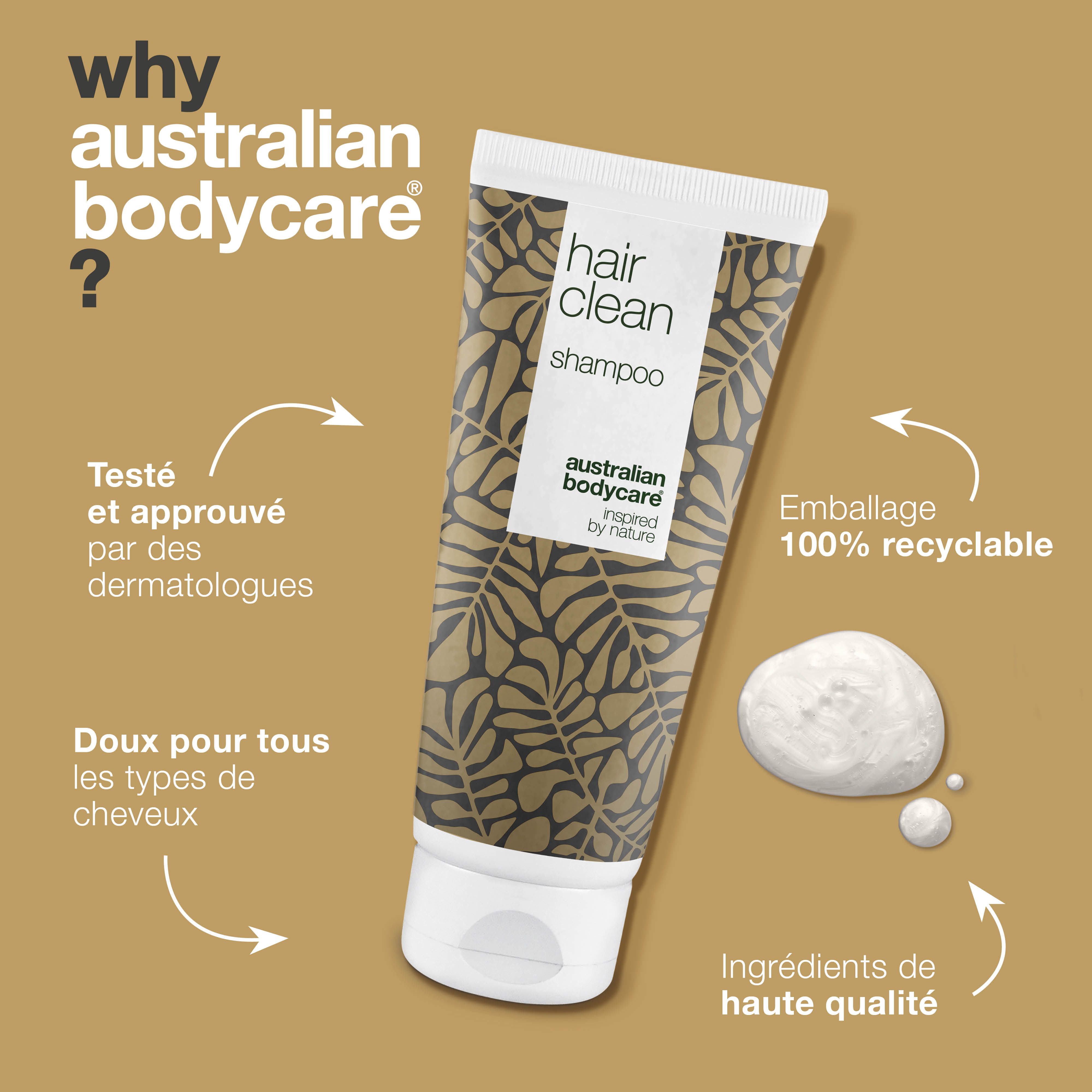 Tube de shampooing avec motif de feuilles et texte. Inscription : Hair Clean Shampoo, Australian Bodycare, Pourquoi Australian Bodycare ?