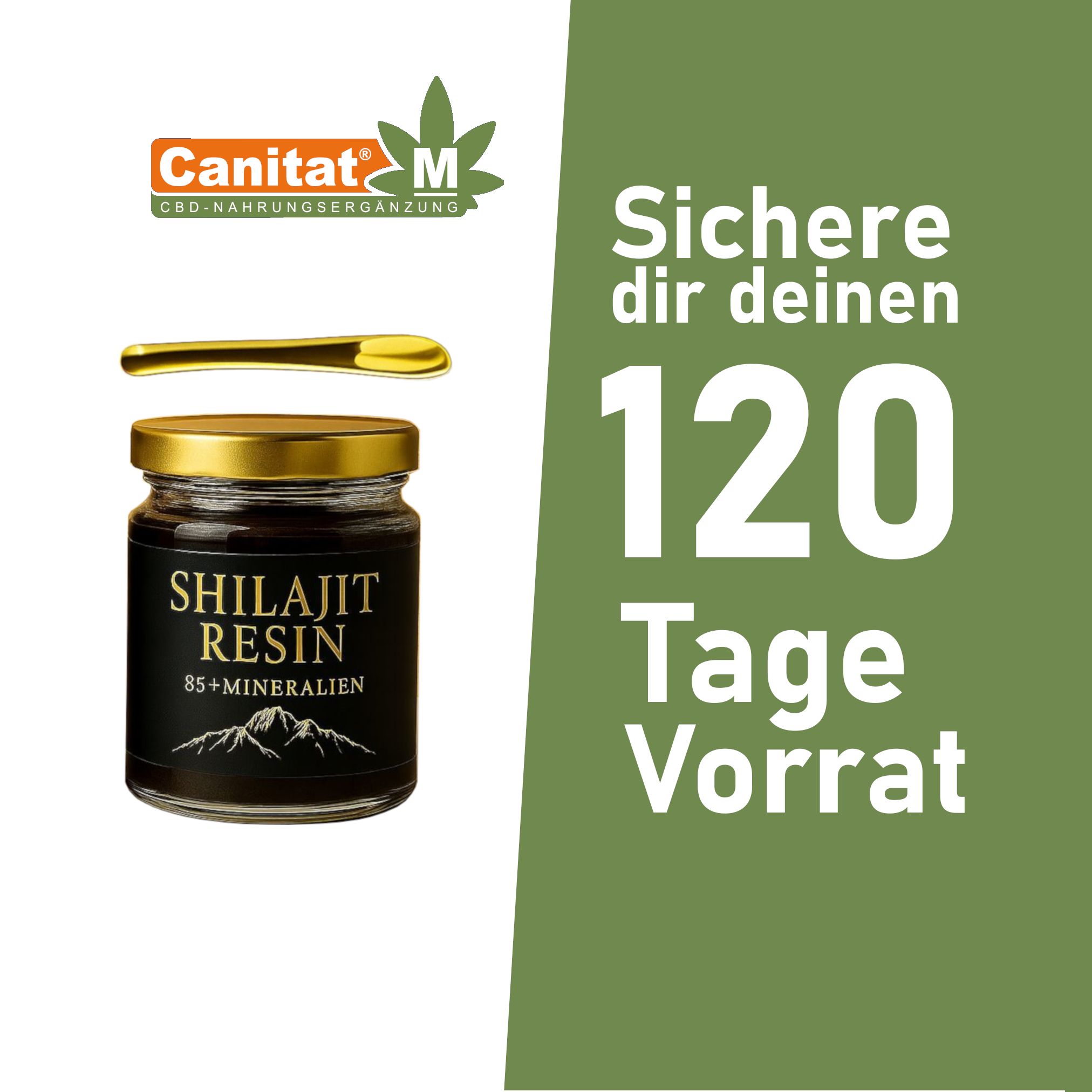 Glas mit goldenem Deckel, Löffel und Schriftzug. Grüner Hintergrund. Text: 120 Tage Vorrat.