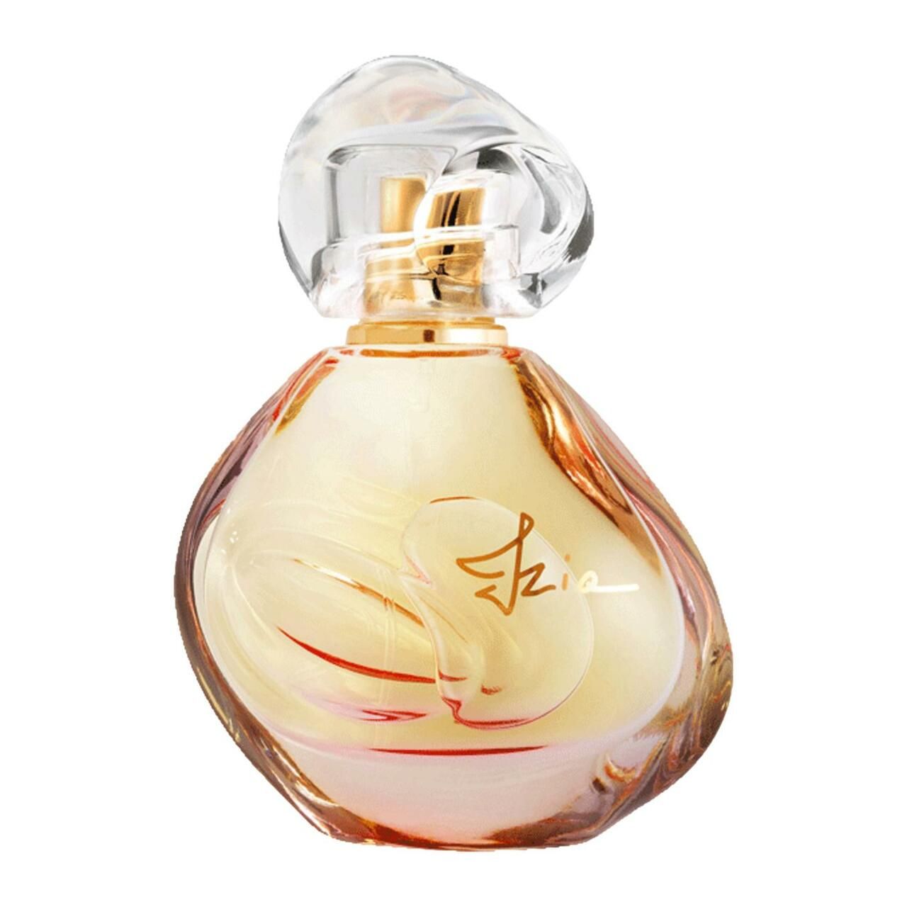 Parfümflakon, goldfarbenes Glas, transparenter Verschluss. Aufschrift "Izia".