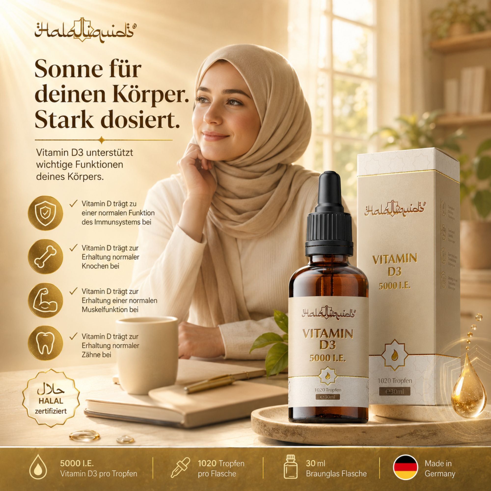 Frau im Hidschab neben Vitamin D3 Tropfen Flasche und Schachtel. Unterstützt Immunsystem, Knochen, Zähne.