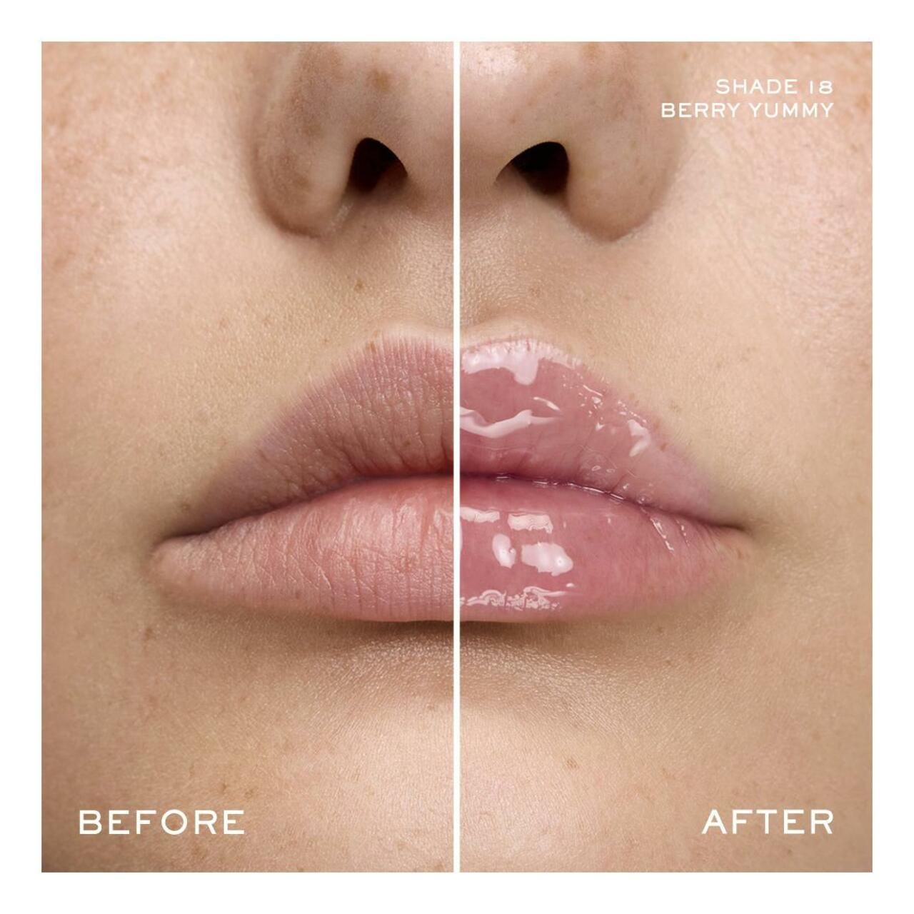 Vorher-Nachher-Vergleich von Lippen. Lippen vor und nach dem Auftragen von Lancôme Idôle Lip JuicyTreat 18. Text: Shade 18 Berry Yummy.