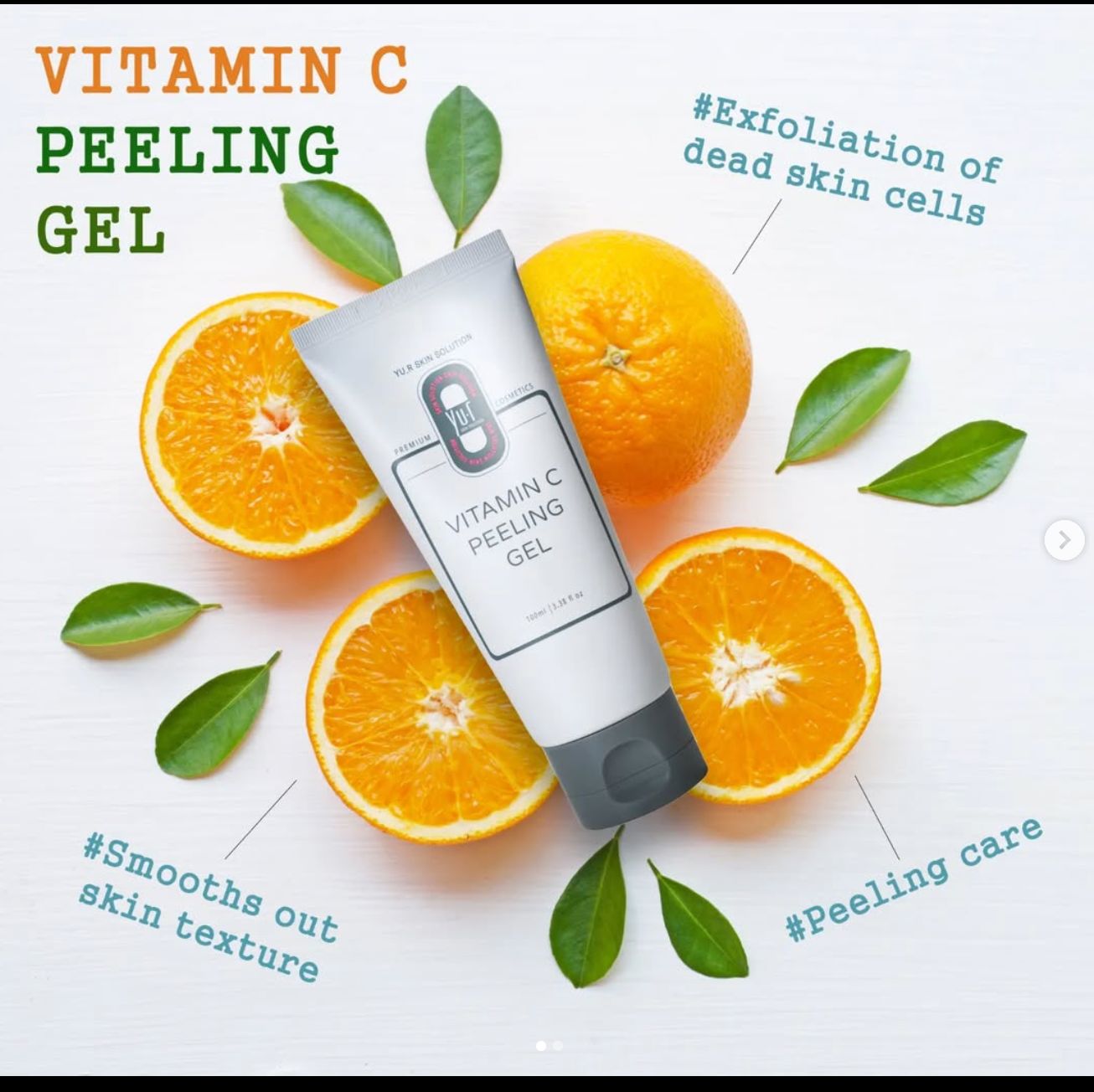 Tube Vitamin C Peeling Gel, umgeben von Orangen und Blättern. Text: #Exfoliation of dead skin cells, #Smoothes out skin texture, #Peeling care.