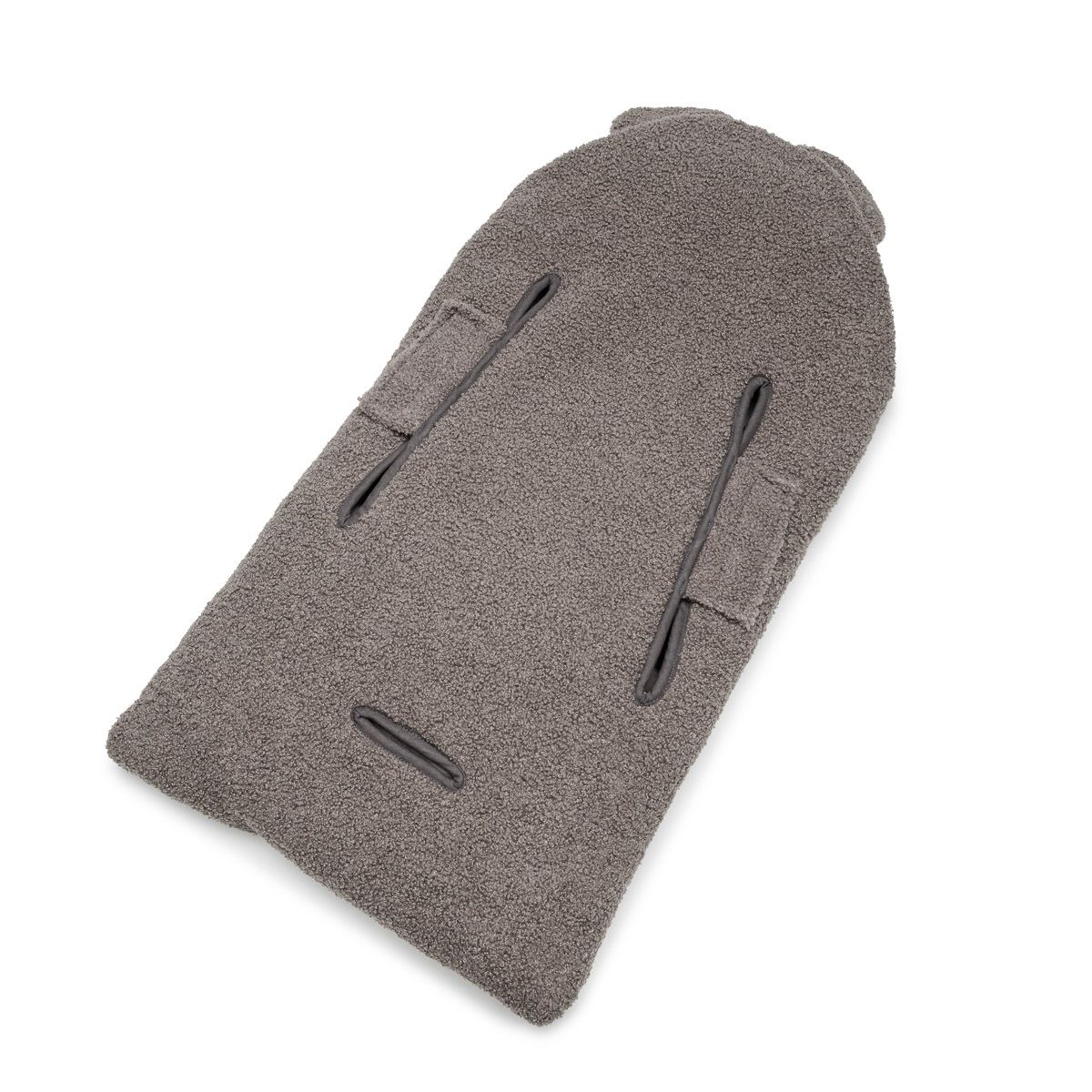 Grauer Babyfußsack aus weichem Material mit Schlitzen für Gurte.