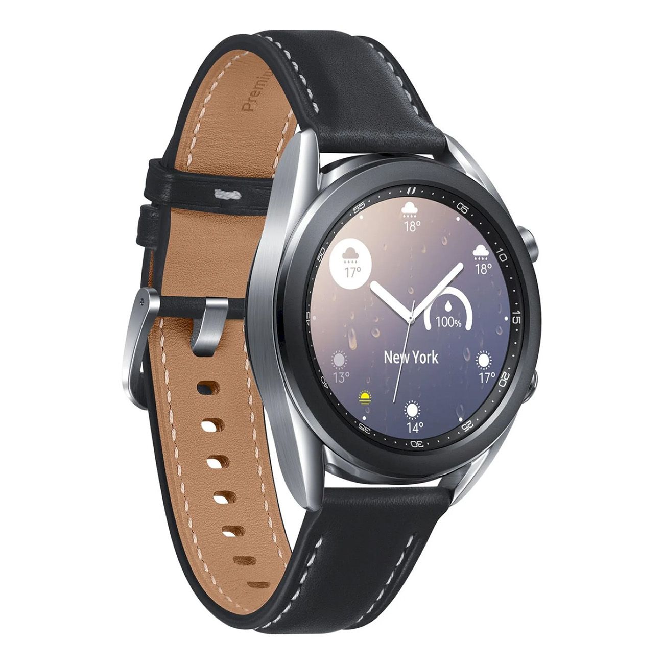 Smartwatch mit silbernem Gehäuse, schwarzem Lederarmband und Display. Wetteranzeige. Ansicht von oben.