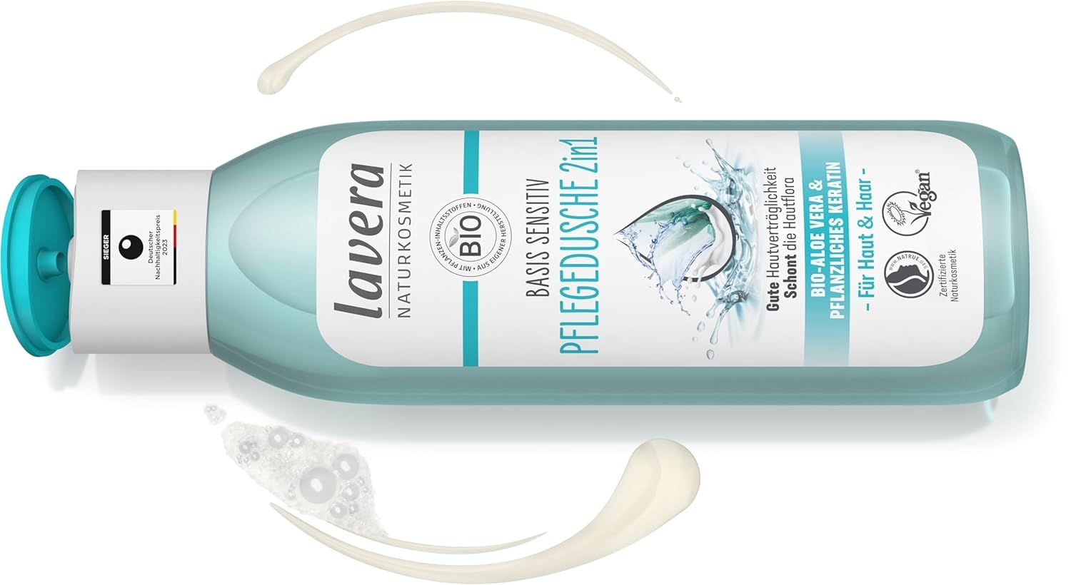 Hellblaue Flasche mit weißem Deckel. Aufschrift: lavera, Basis Sensitiv Pflegedusche 2in1. Bio-Aloe Vera & pflanzliches Keratin.
