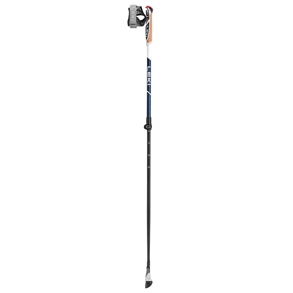 Nordic-Walking-Stock. Schwarz, blau und weiß. Verstellbar. Griff mit Kork. Marke Leki.