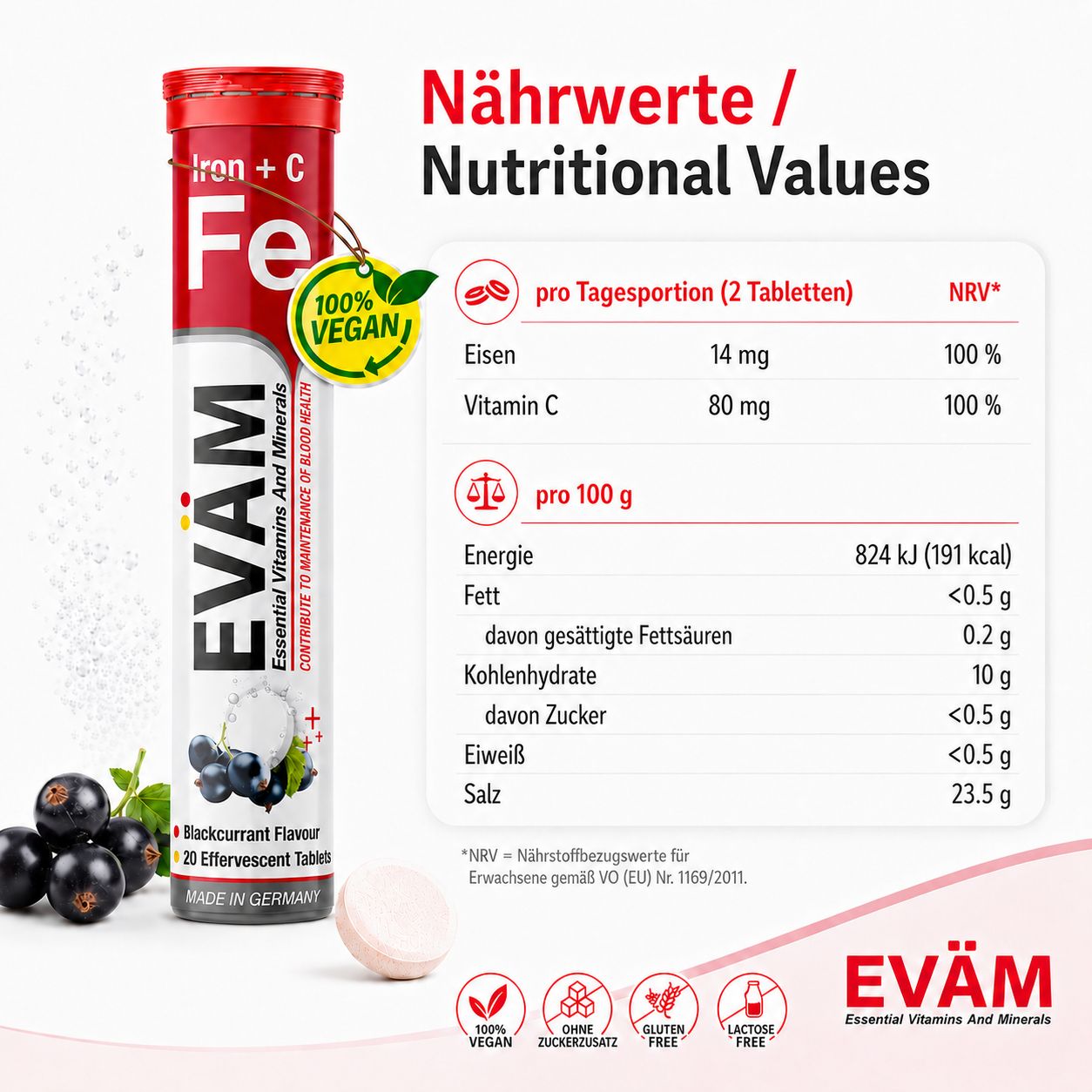 EVÄM Eisen + Vitamin C Brausetabletten mit Nährwertangaben und schwarzen Johannisbeeren.