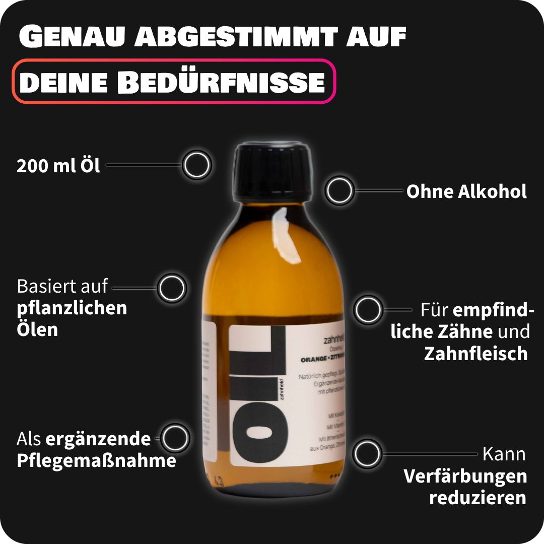 Zahnheld Mundzieöl Flasche mit detaillierten Produktmerkmalen.