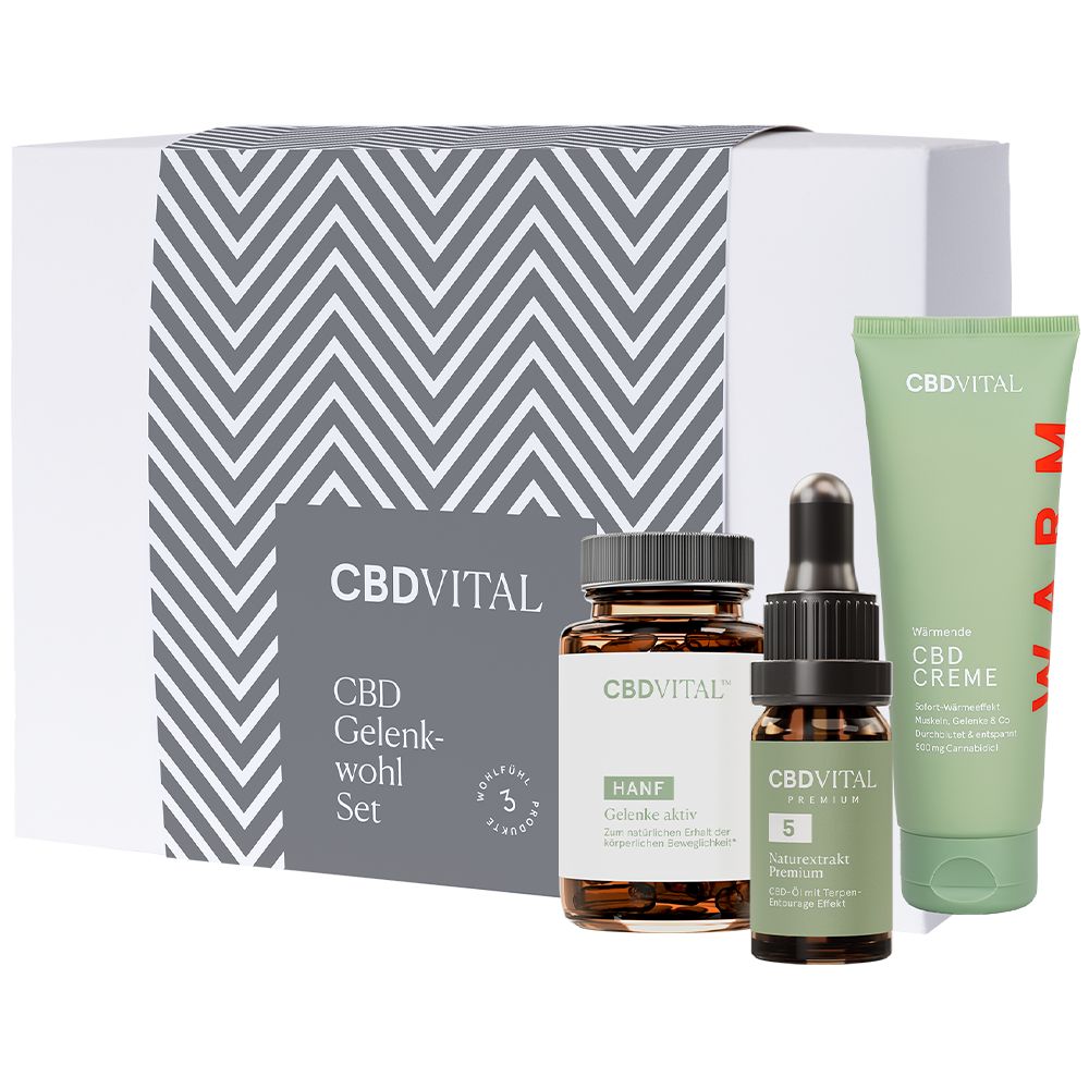 Geschenk-Set mit Produkten. Enthält eine Schachtel, eine Flasche, eine Tropfflasche und eine Tube. Aufschrift: CBD VITAL.