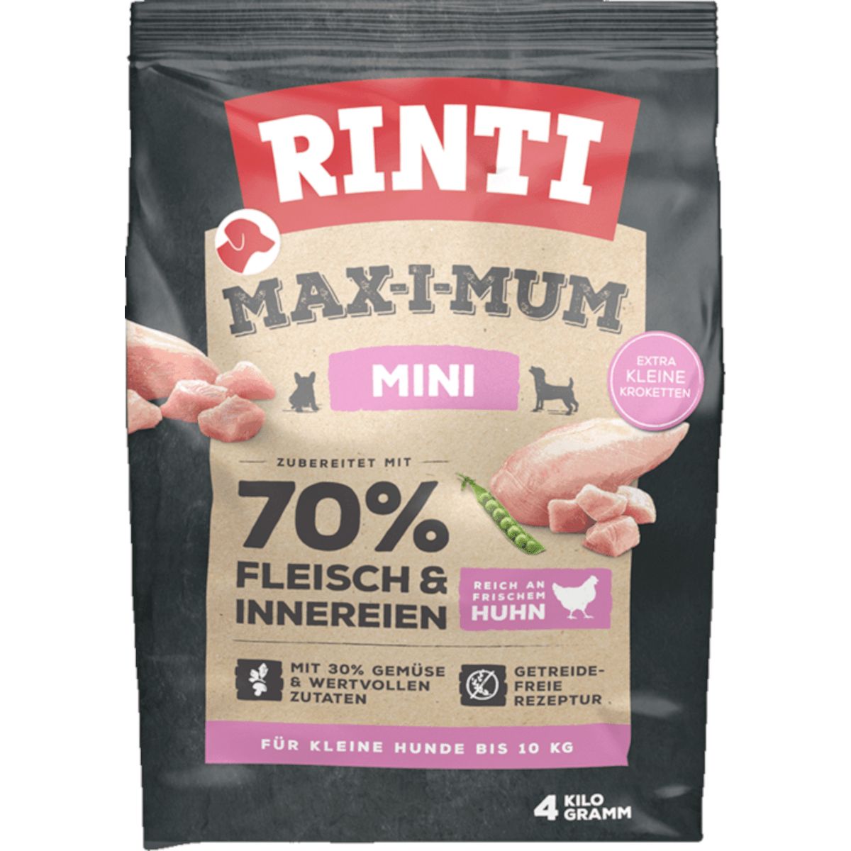 Rinti Max-i-Mum Huhn Mini Hundefutter: 70% Fleisch, mit Gemüse, getreidefrei. Für kleine Hunde bis 10 kg.