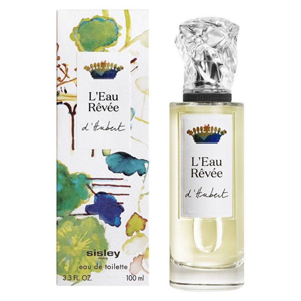 Flakon und Verpackung. Flakon mit silbernem Verschluss und Etikett L'Eau Rêvée d'Hubert. Verpackung mit floralem Muster.