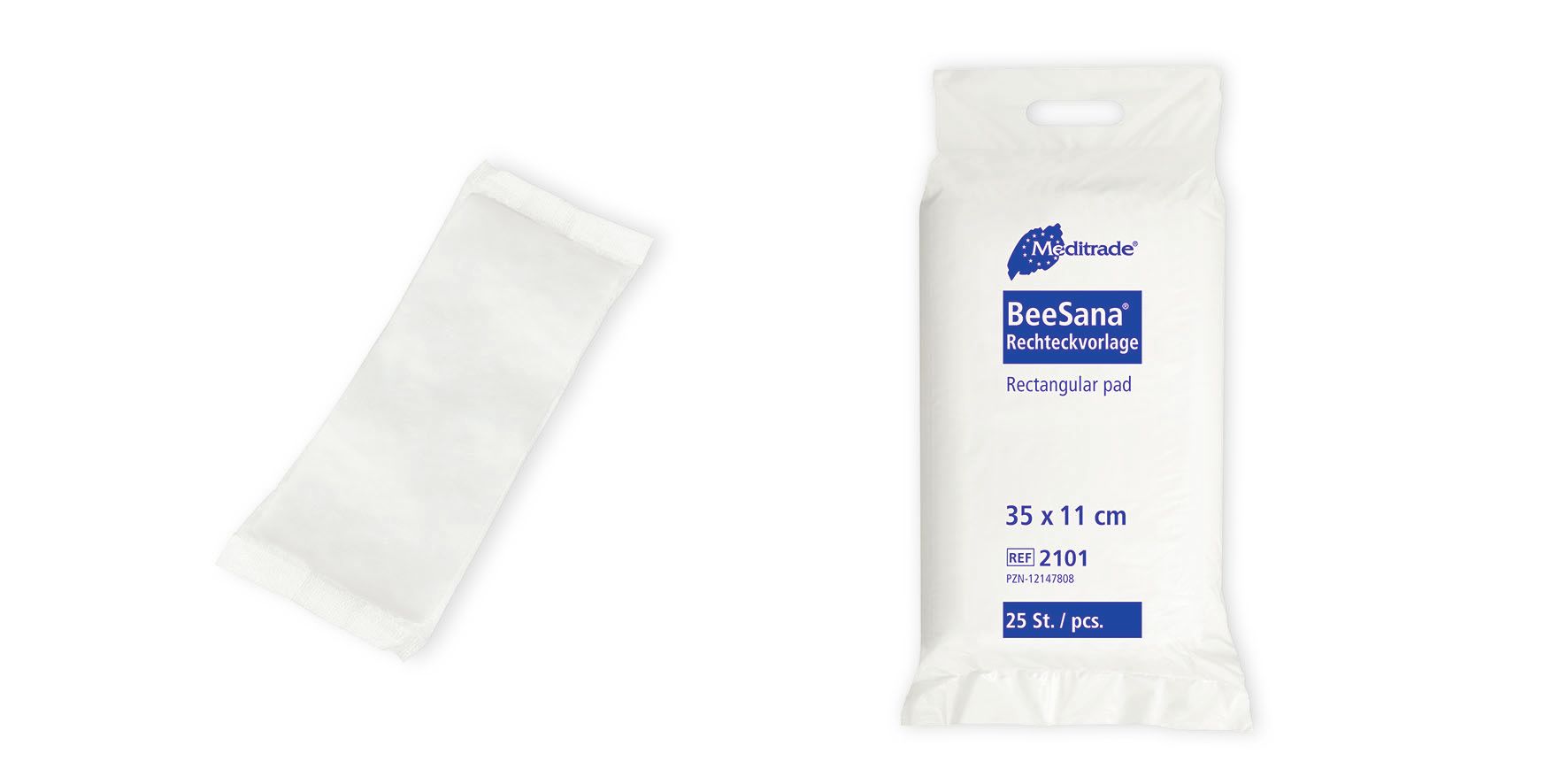 Rechteckige Vorlage, einzeln und in Verpackung. Verpackung mit Logo, Produktname, Maßen 35x11 cm, und Stückzahl.