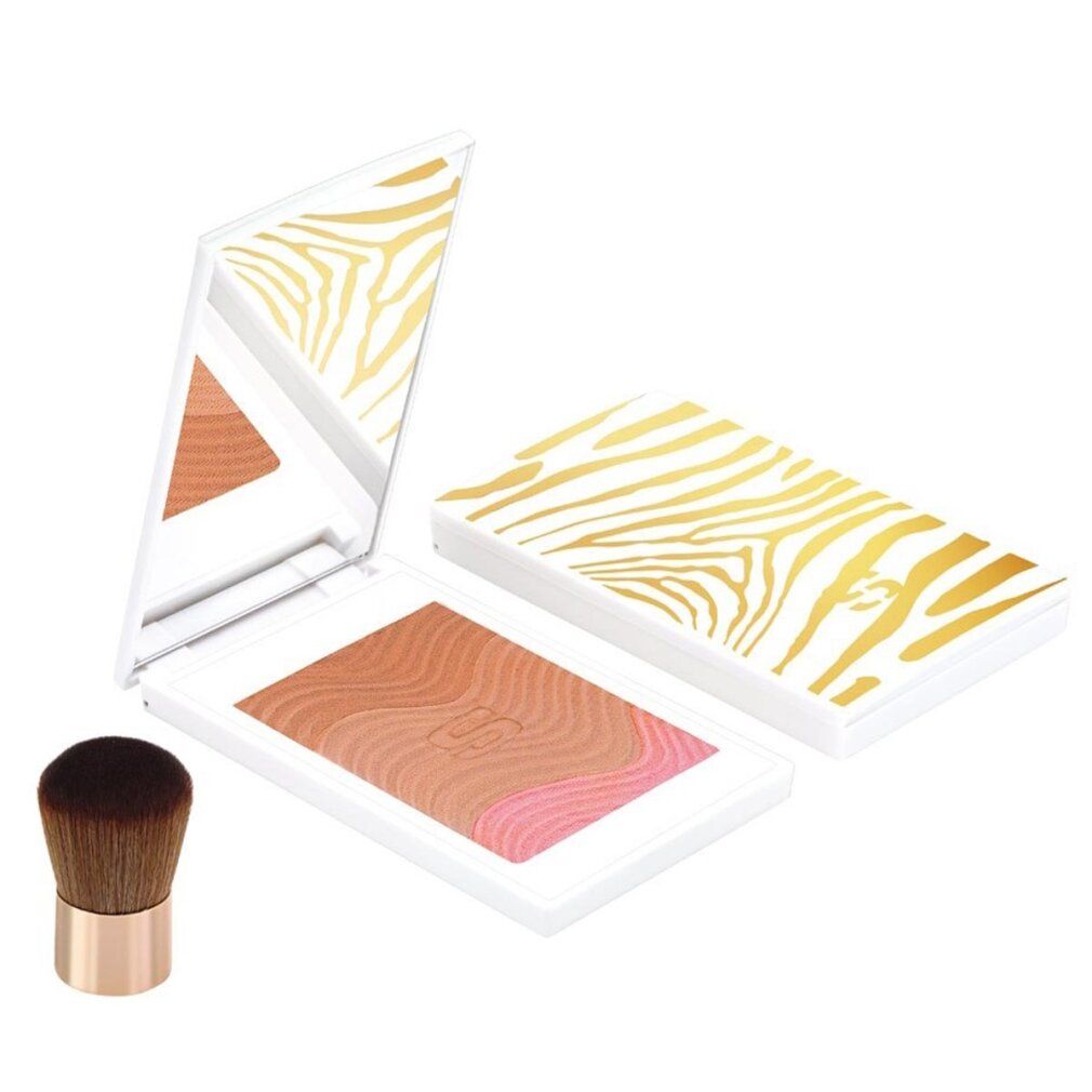 Kompaktpuder mit Spiegel und Pinsel. Weiße Hülle mit goldenem Zebra-Muster. Puder mit braunen und rosa Farbtönen.