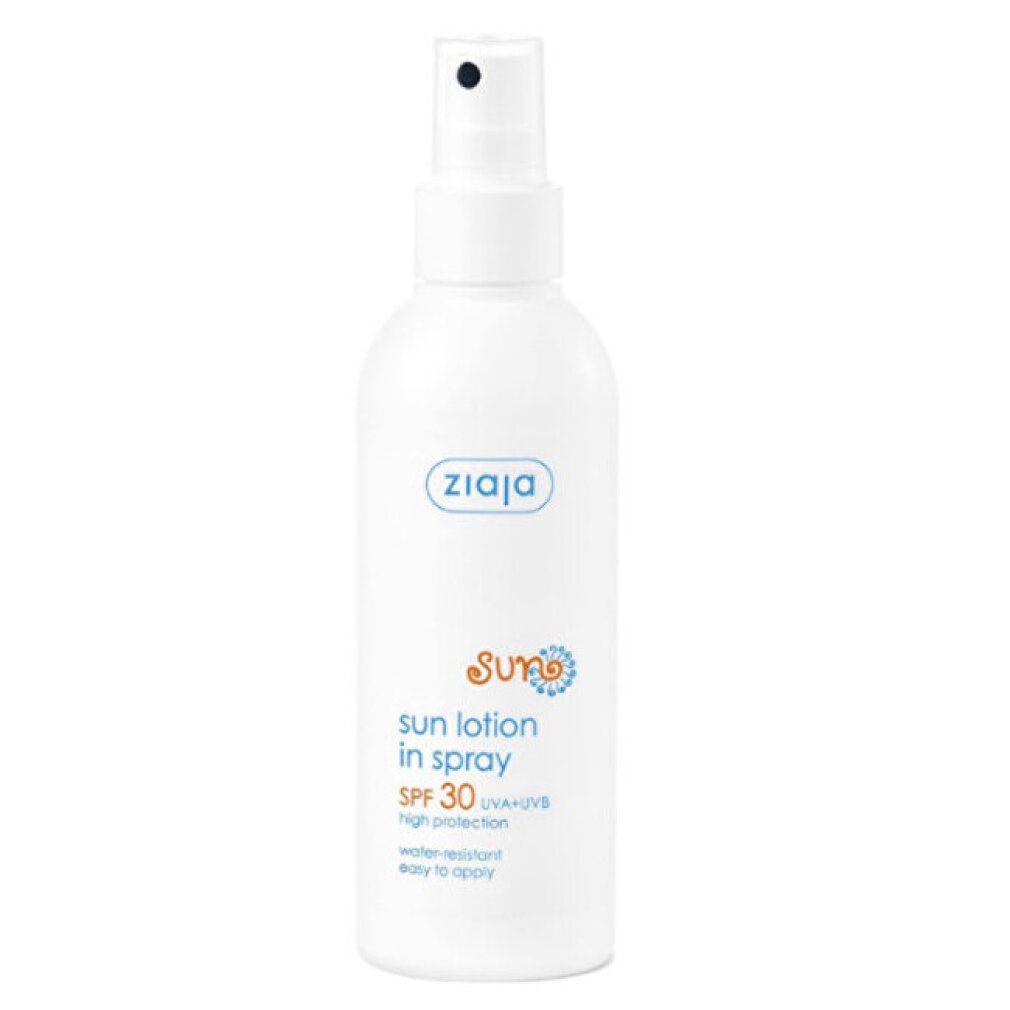 Weiße Sprühflasche mit Ziaja-Logo und Sonnencreme-Aufschrift. SPF 30, wasserfest. Flasche steht aufrecht.