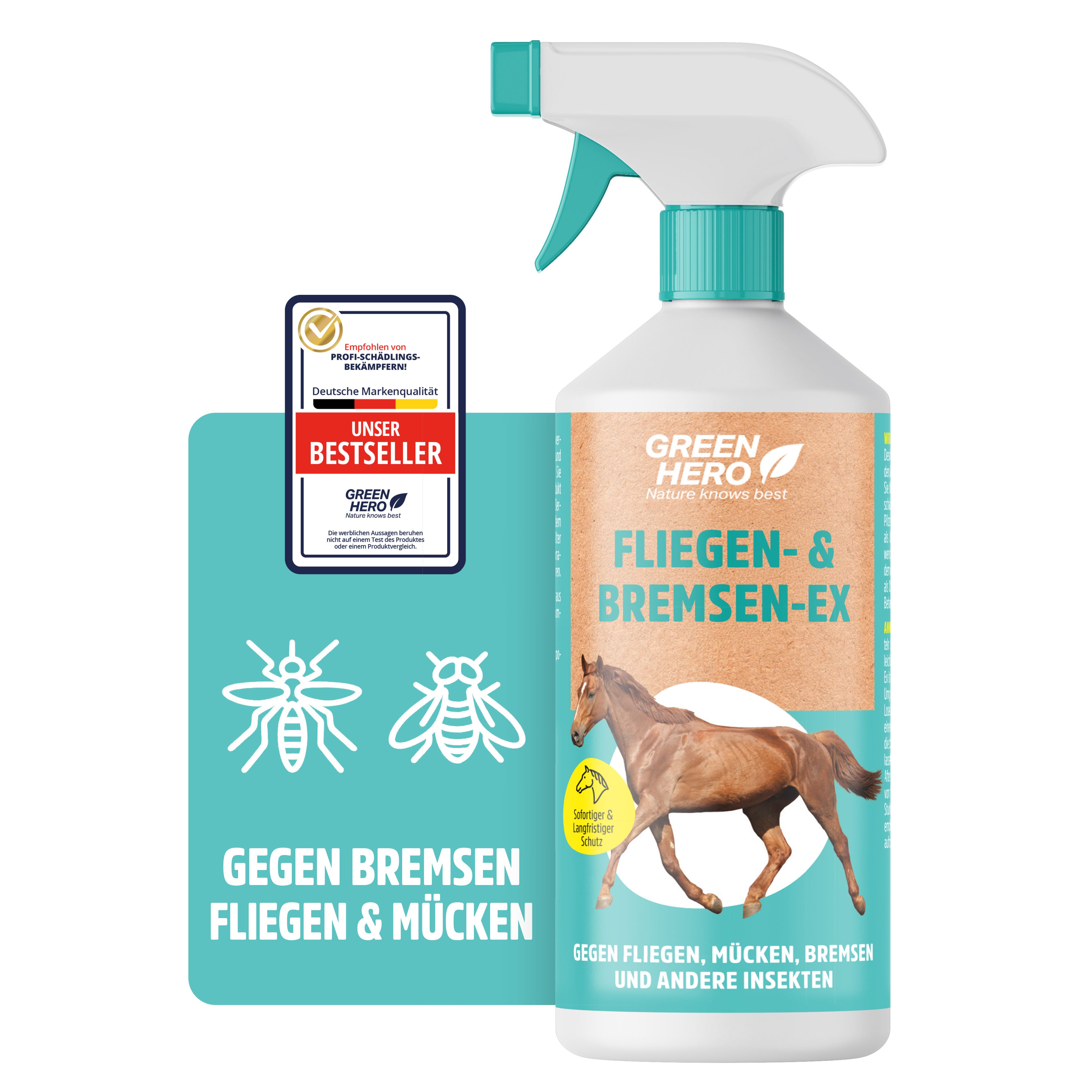 Pferdespray-Flasche mit Auszeichnung. Text: Gegen Bremsen, Fliegen & Mücken. Illustrationen von Insekten. Produktname und Logo.