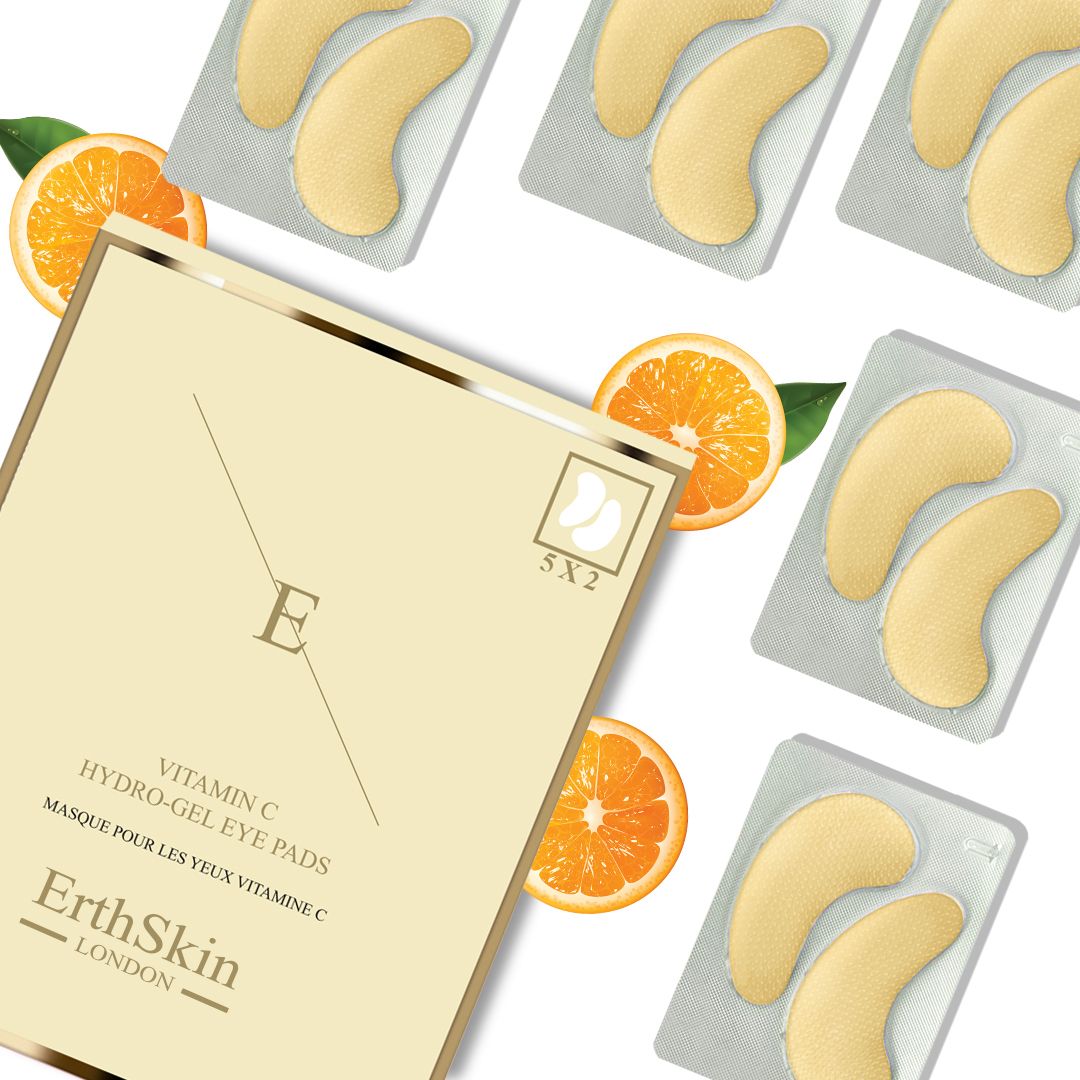Verpackung mit Augenpads und Orangen. Aufschrift: Vitamin C Hydrogel Eye Pads. Marke: ErthSkin London.
