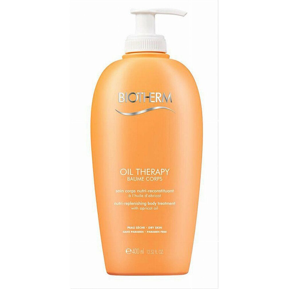 BIOTHERM Oil Therapy. Orangefarbene Flasche mit weißem Pumpverschluss. Text: Oil Therapy, Baume Corps. 400ml.