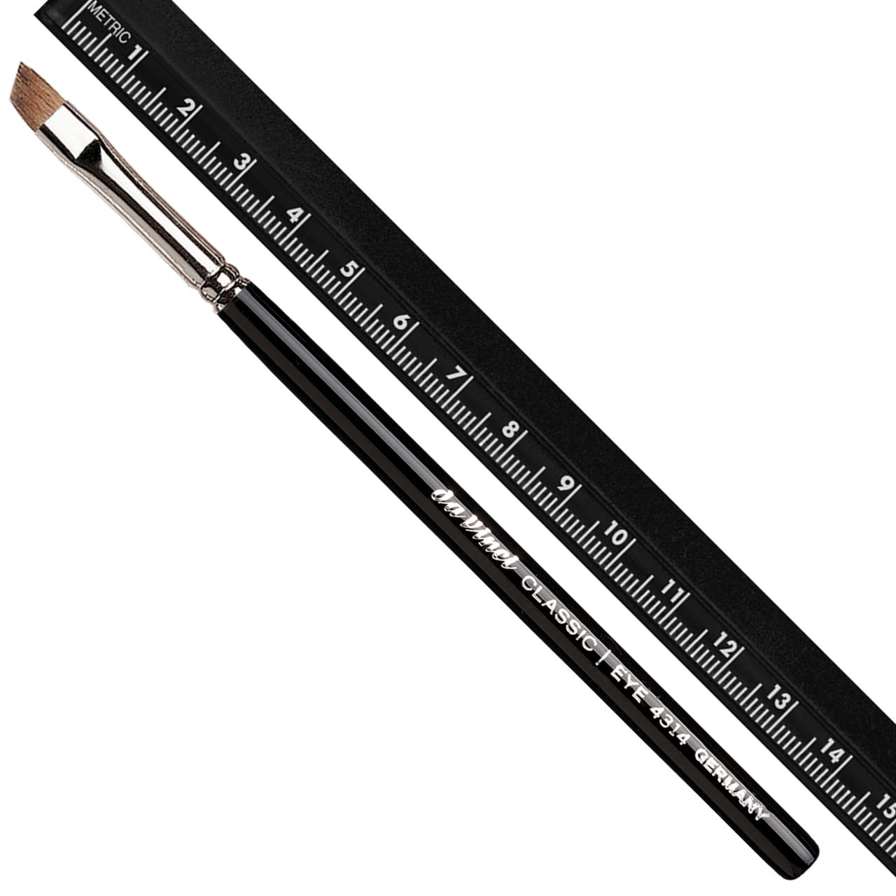 Pinsel Da Vinci Classic Liner mit Lineal. Schwarzer Griff, silberne Zwinge, schräge Borsten. Aufschrift: EYE 4314 GERMANY.