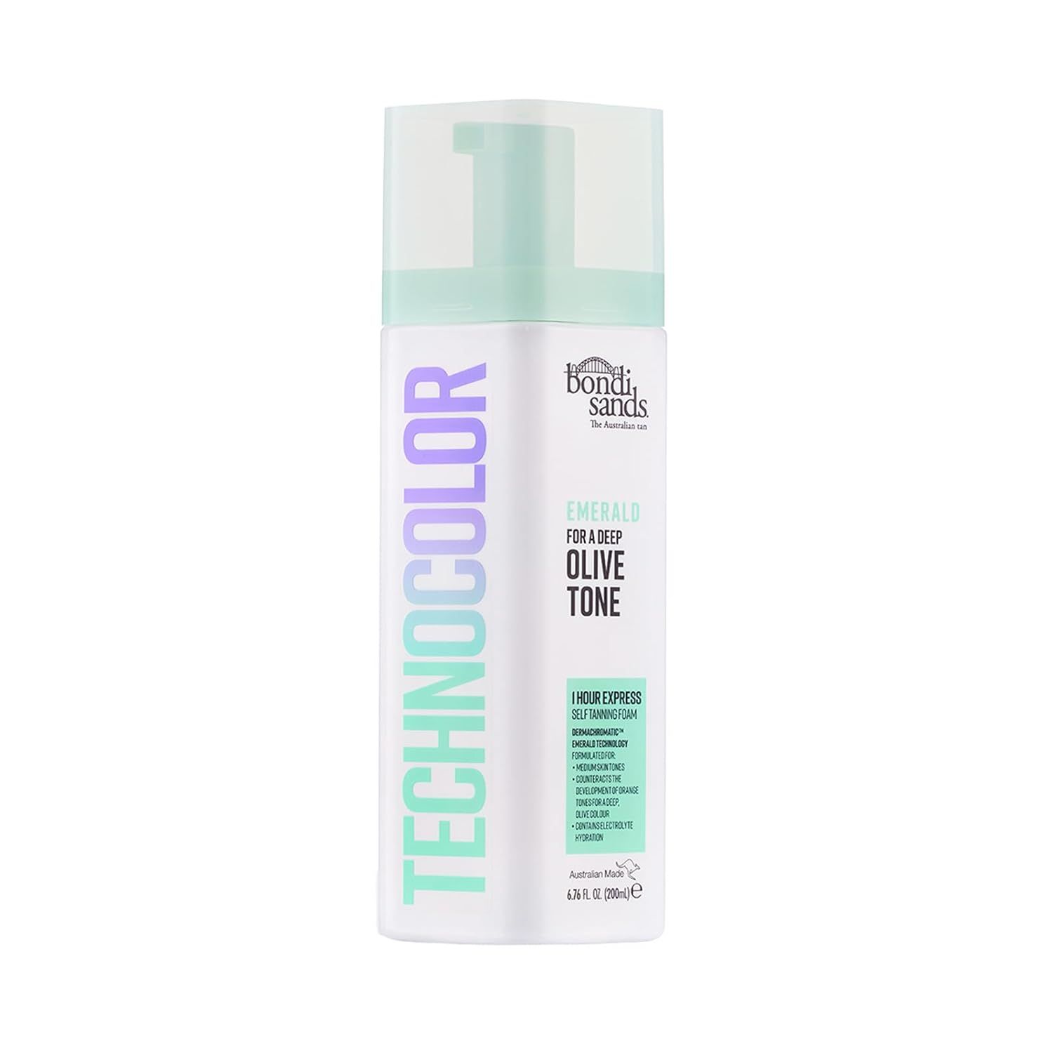 Bondi Sands Selbstbräunungsschaum, Emerald, für einen tiefen Olivton. Flasche mit Sprühkopf, weiß mit grünen und türkisen Akzenten.