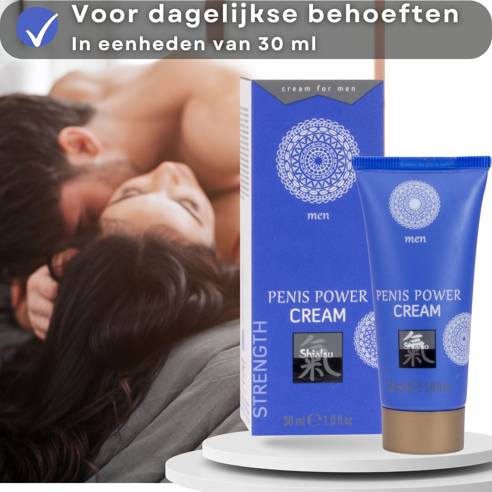 Tube en doos met naam en logo. Tekst: Penis Power Cream. Merk: Shiatsu. 30 ml. Koppel op achtergrond.