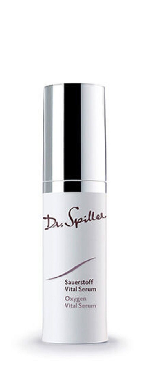 Dr. Spiller Sauerstoff Vital Serum. Weiße Flasche mit silbernem Deckel. Text: Sauerstoff Vital Serum, Oxygen Vital Serum.