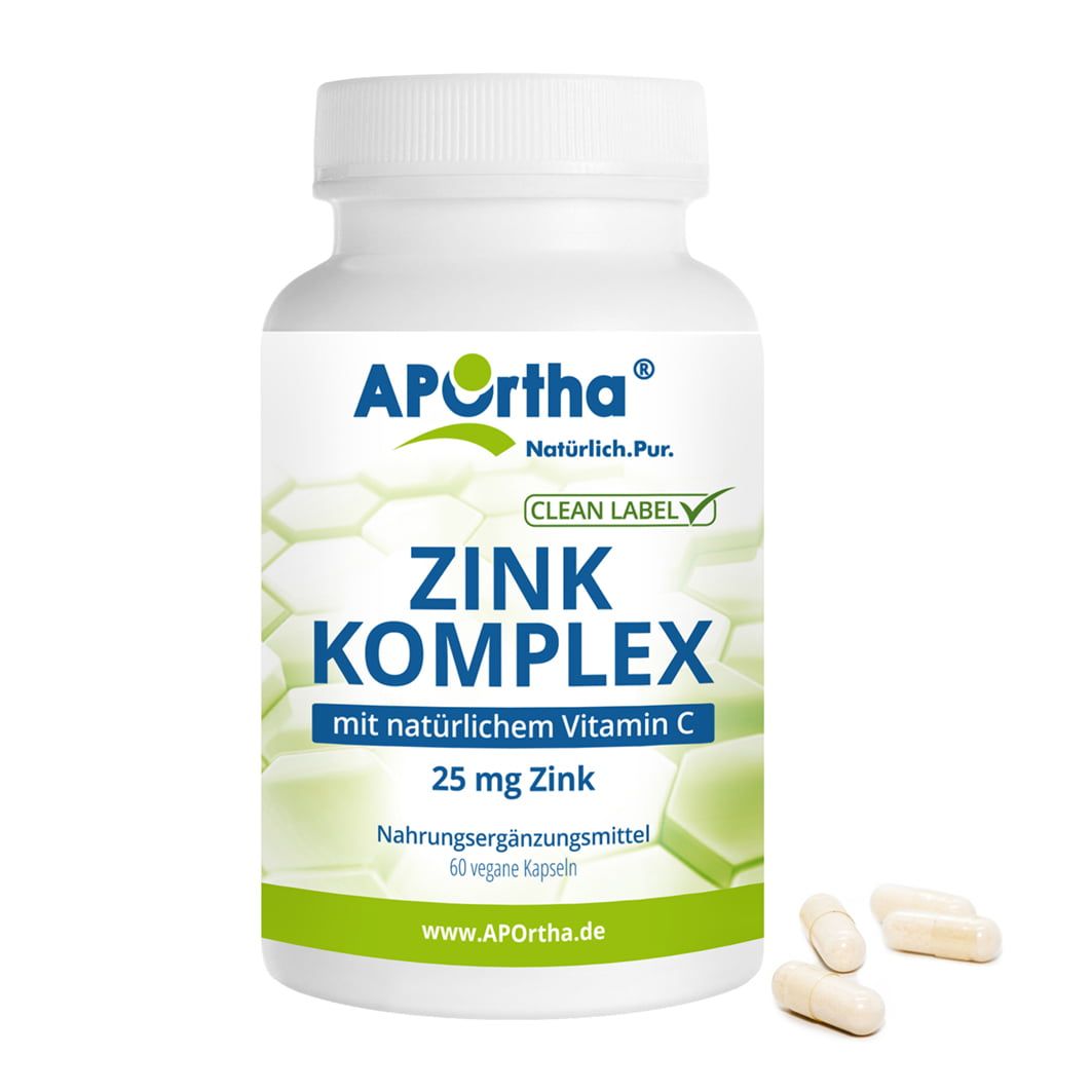 Weiße Flasche mit Kapseln. Etikett: APOrtha Zink-Komplex, 25 mg Zink, mit Vitamin C. 60 vegane Kapseln.