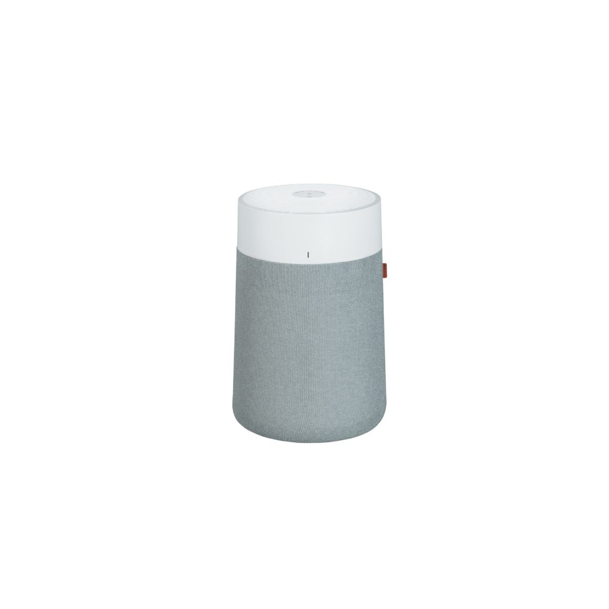 Luftreiniger mit grauem Stoffbezug und weißem Oberteil. Kleines rotes Element an der Seite. Zylindrische Form.