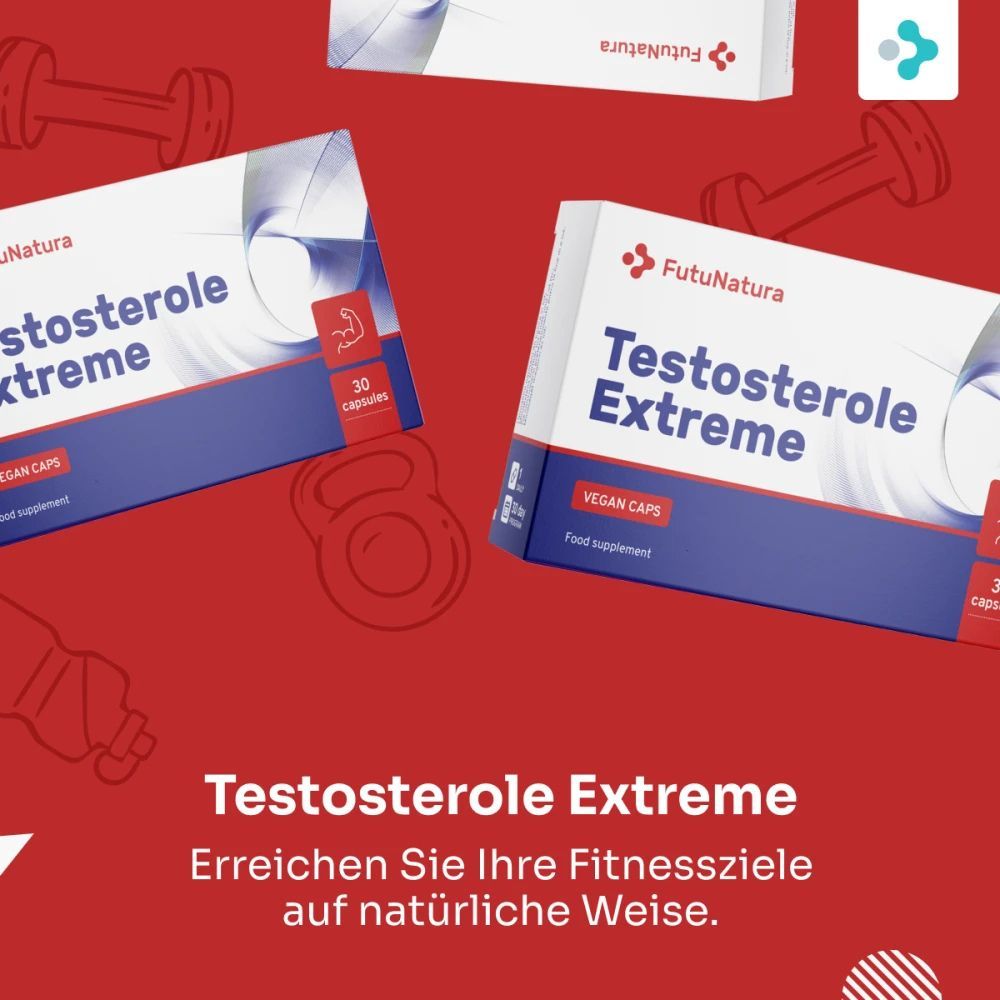 Zwei Produktverpackungen "FutuNatura Testosterole Extreme" auf rotem Hintergrund. 30 Kapseln. Text: Erreichen Sie Ihre Fitnessziele auf natürliche Weise.