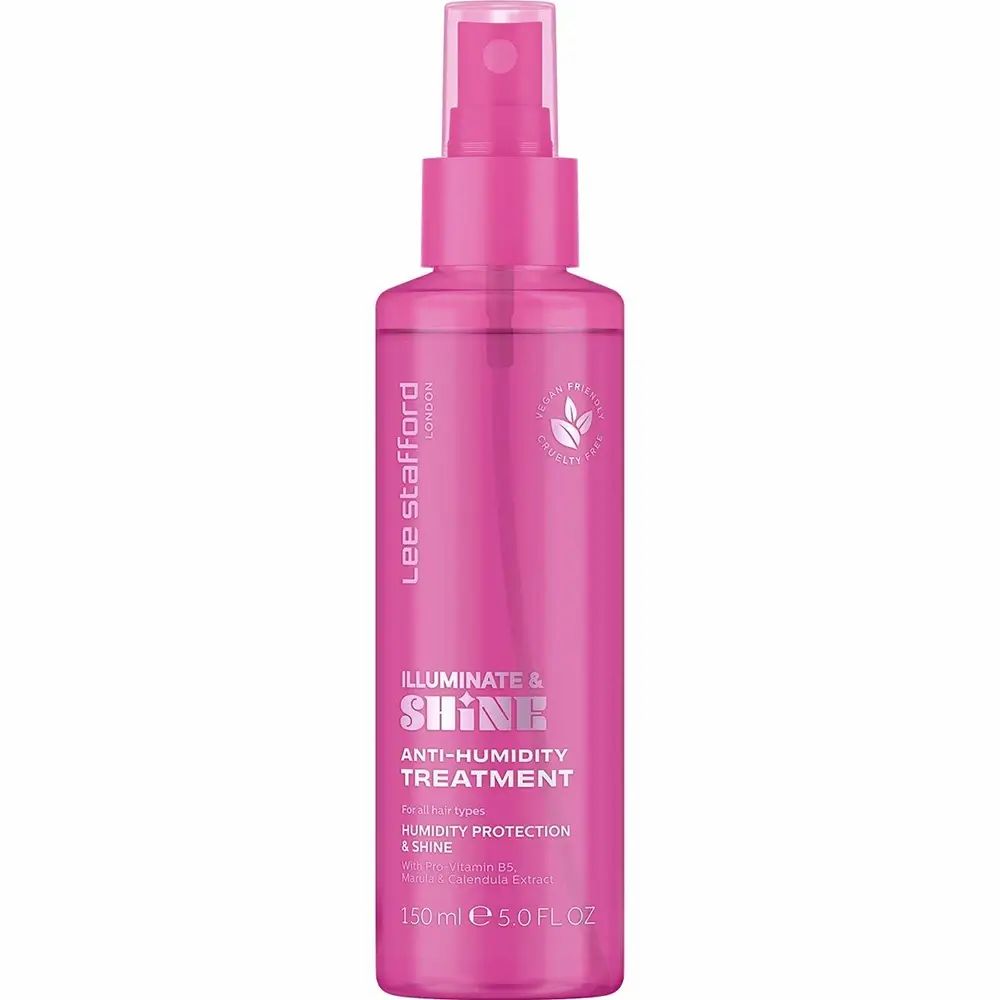 Rosa Haarspray-Flasche mit Sprühkopf. Beschriftung: Illuminate & Shine, Anti-Humidity Treatment. 150 ml.