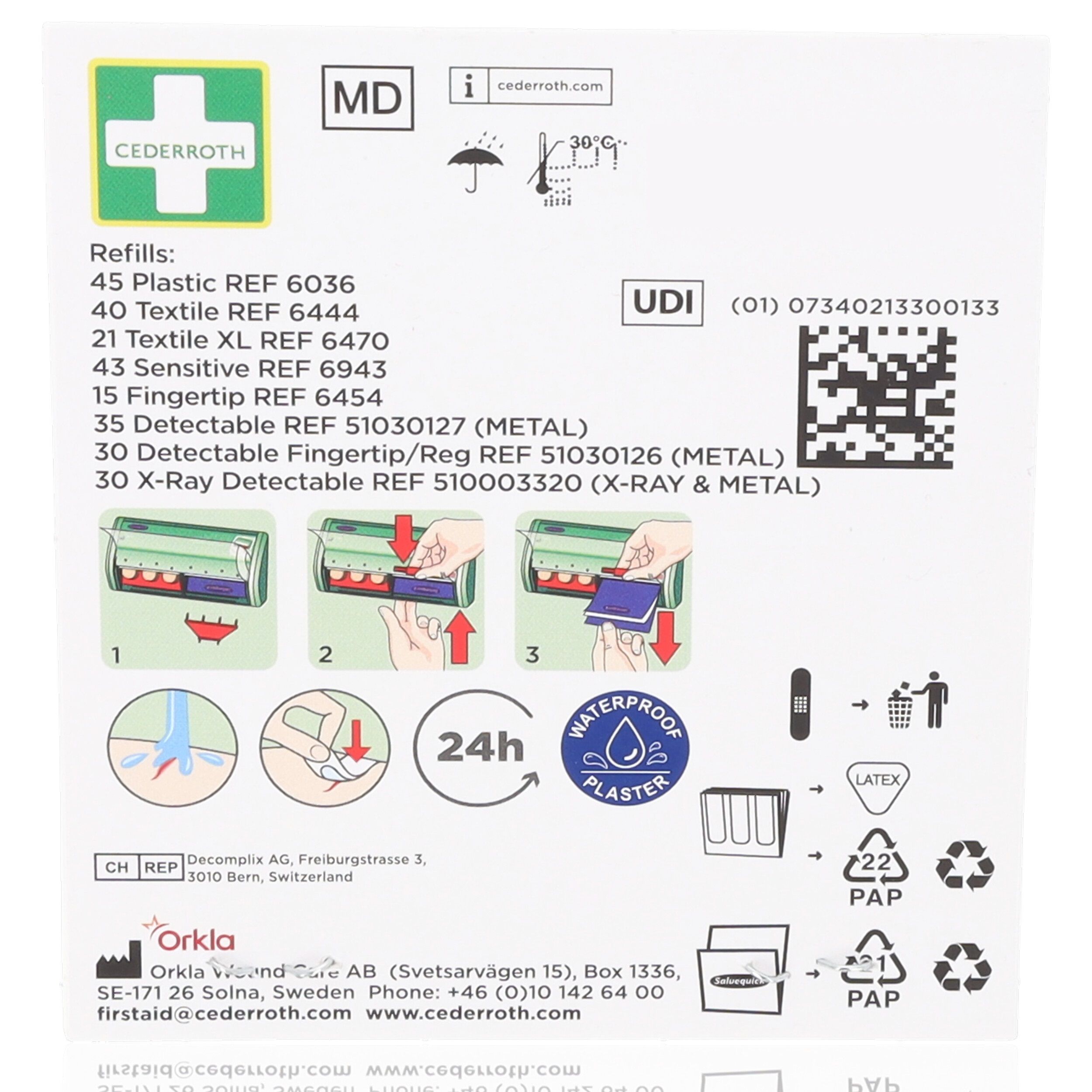 Rückseite der Salvequick-Pflaster-Nachfüllpackung. Informationen zu Inhaltsstoffen, Gebrauchsanweisung und Recycling-Symbolen.