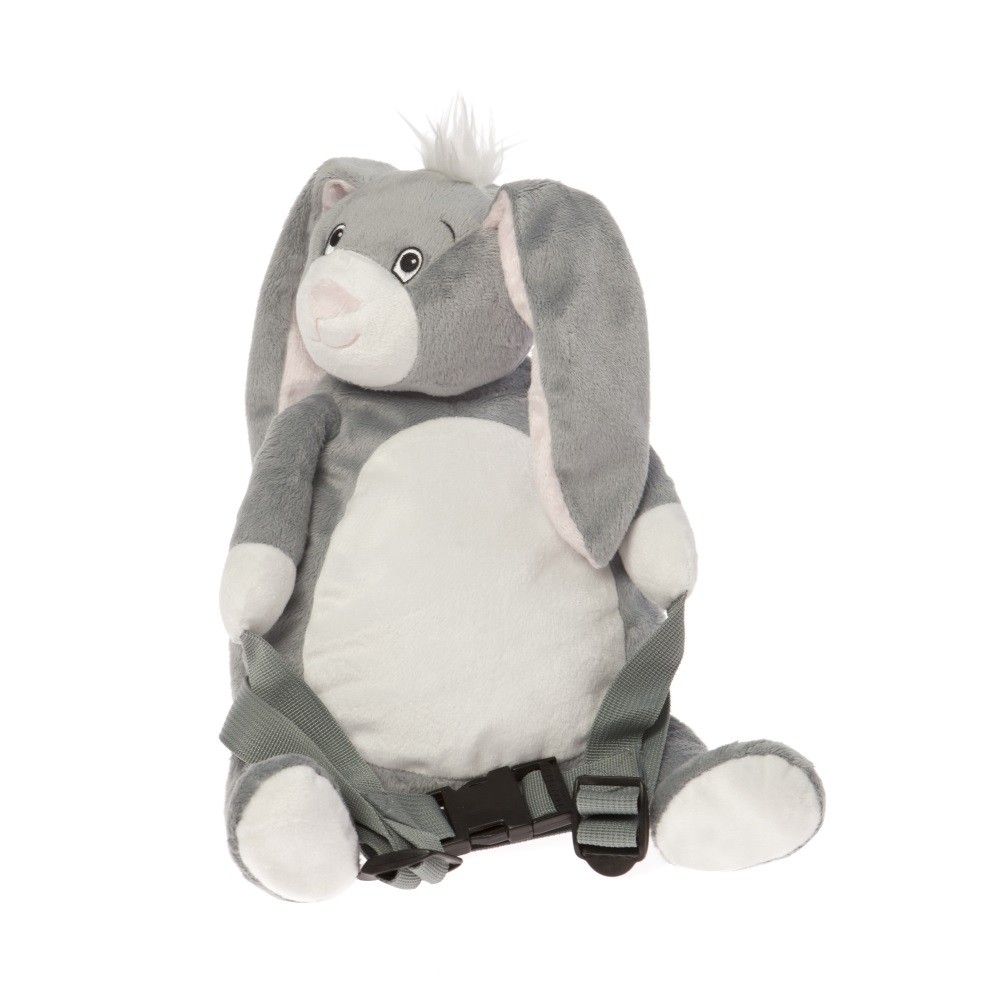 Grauer Rucksack in Hasenform mit Sicherheitsleine und Schnalle. Ohren, Pfoten und Bauch weiß. Schwarze Schnalle.