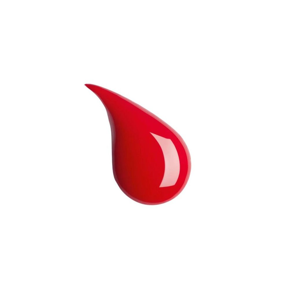Tropfenförmiger roter Lippenfluid-Fleck mit Glanzlichtern, auf weißem Hintergrund.