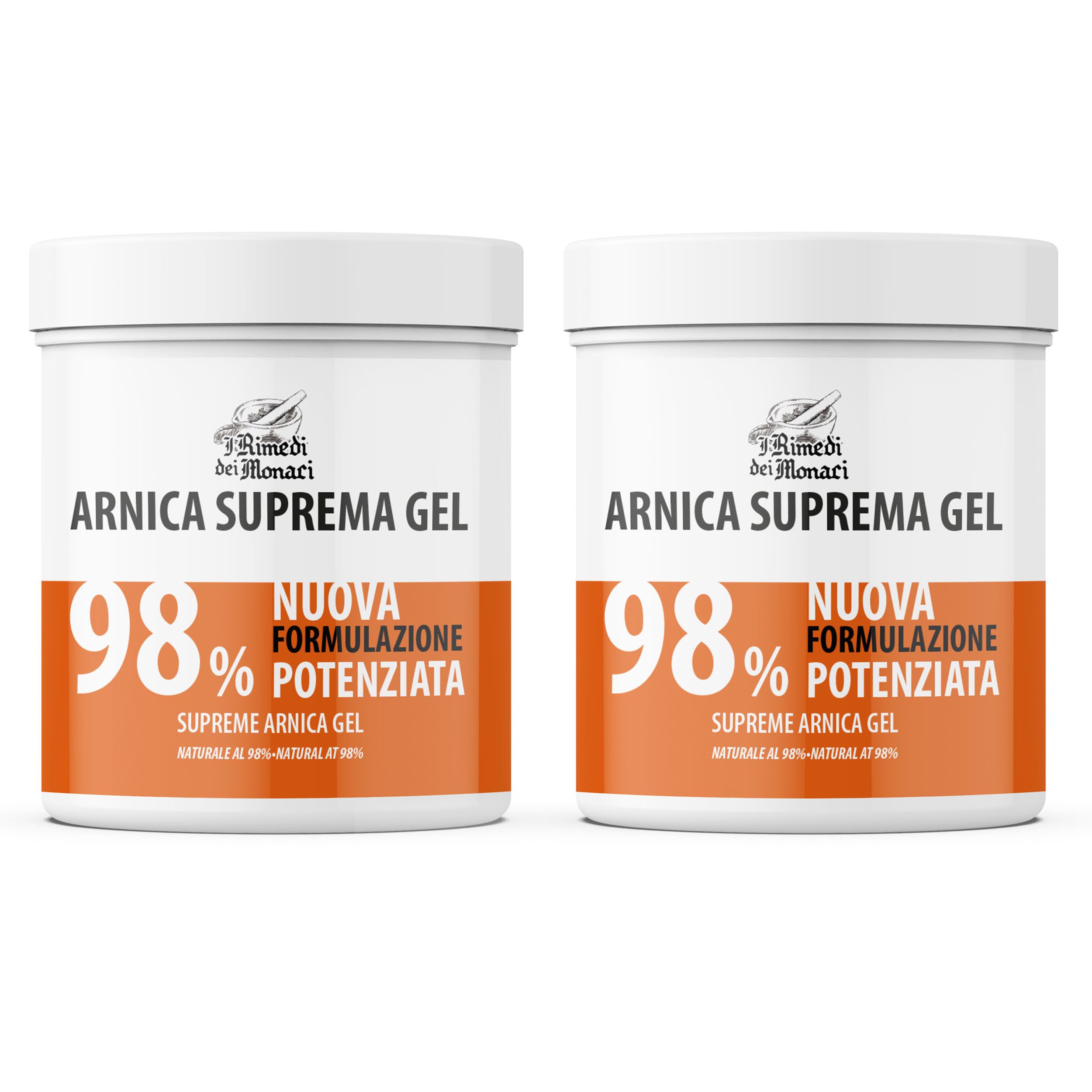 Zwei weiße Tiegel mit orangefarbenem Band. Aufschrift: Arnica Suprema Gel, 98%, Neue Formulierung, Supreme Arnica Gel.