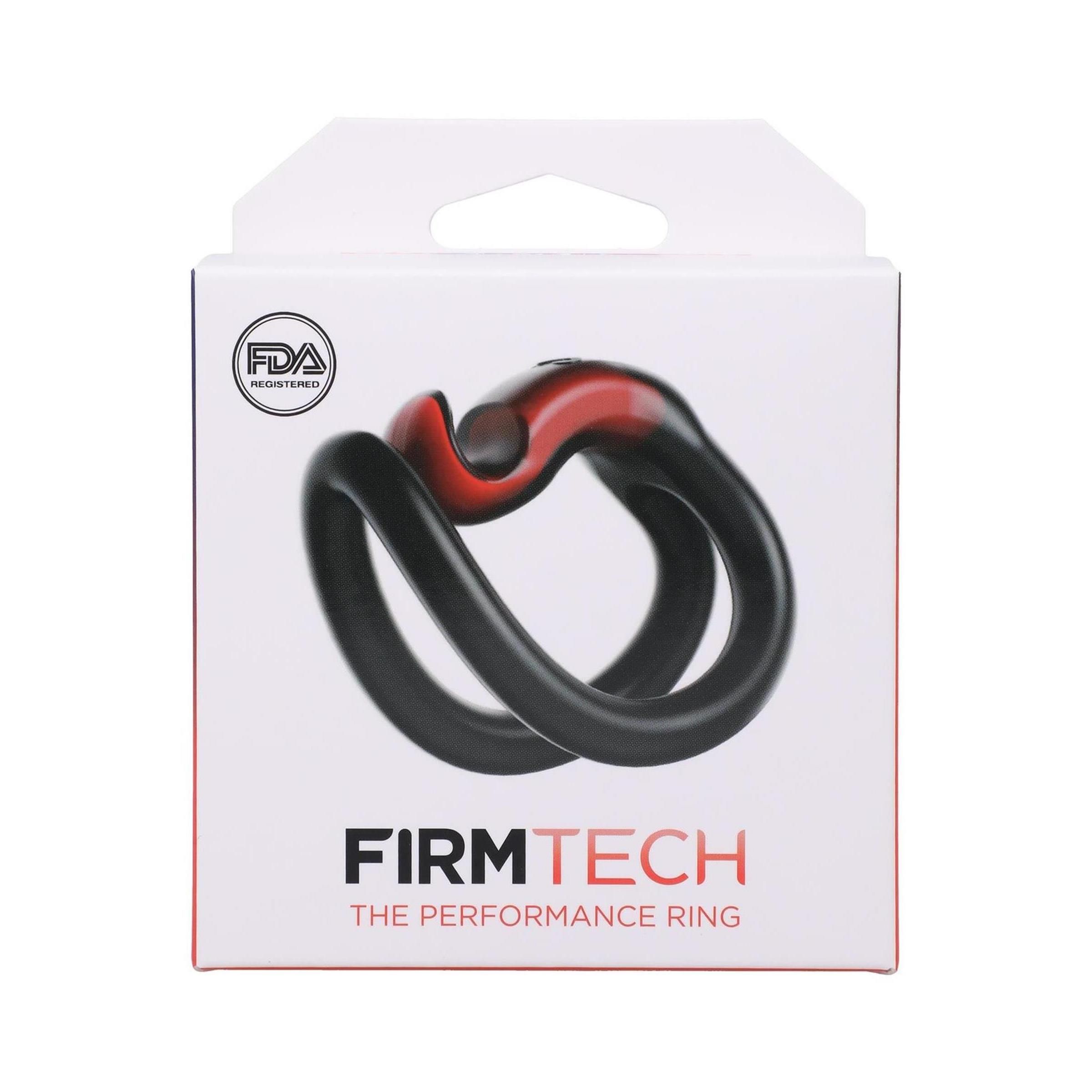 Schwarzer Performance Ring mit rotem Akzent, in weißer Verpackung mit FDA-Siegel. Text: FIRMTECH, THE PERFORMANCE RING.