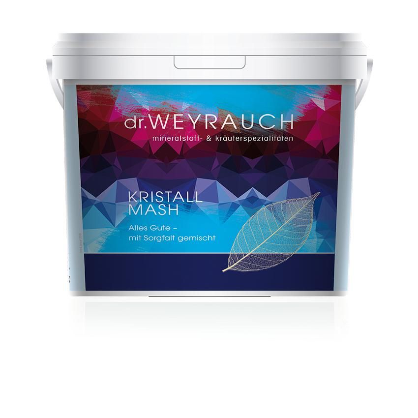 Eimer mit "dr. Weyrauch Kristall Mash"-Logo. Blau-rosa geometrisches Design mit Blattmotiv. Text: "Mineralstoff- & Kräuterspezialitäten".