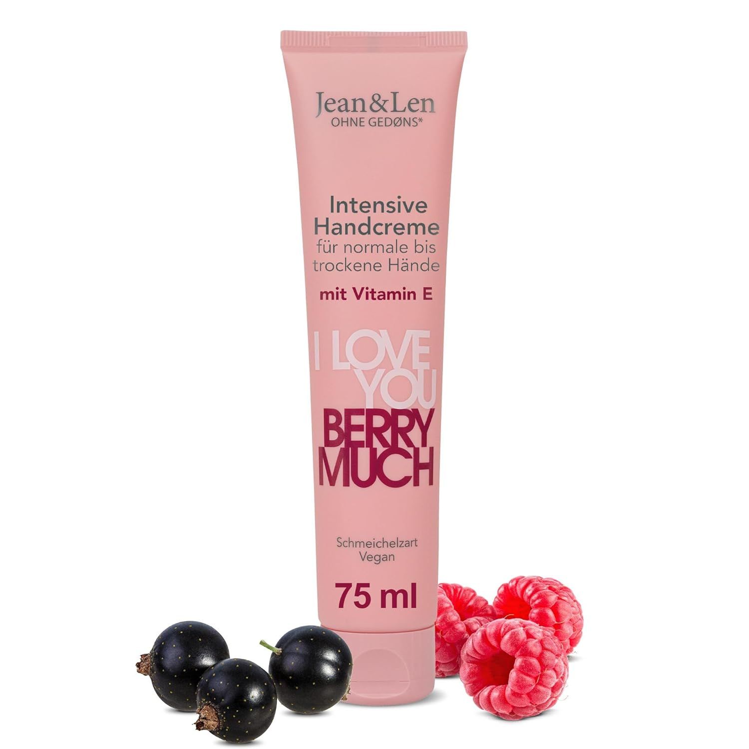 Rosa Tube Handcreme "I LOVE YOU BERRY MUCH" mit 75 ml. Daneben Himbeeren und Johannisbeeren.