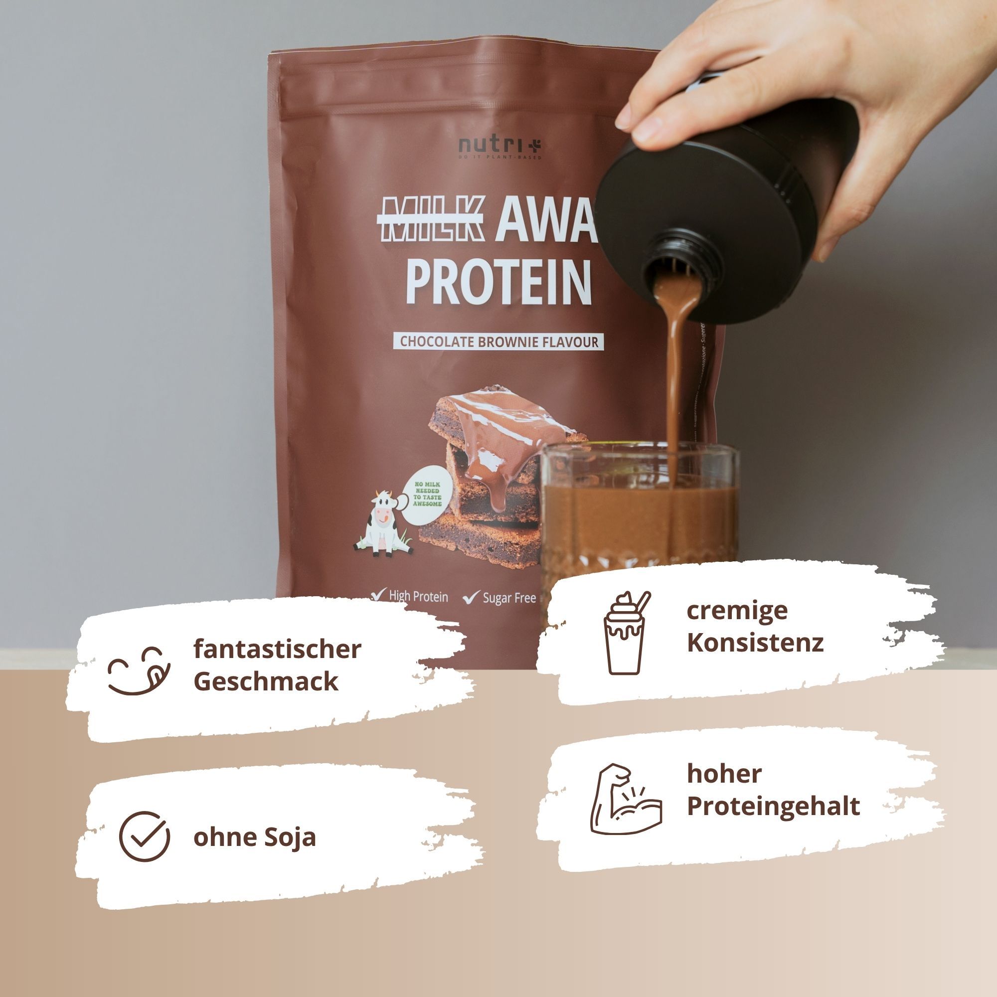 Eine braune Tüte mit der Aufschrift 'MILK AWAY PROTEIN' und Schokoladenkeksen.