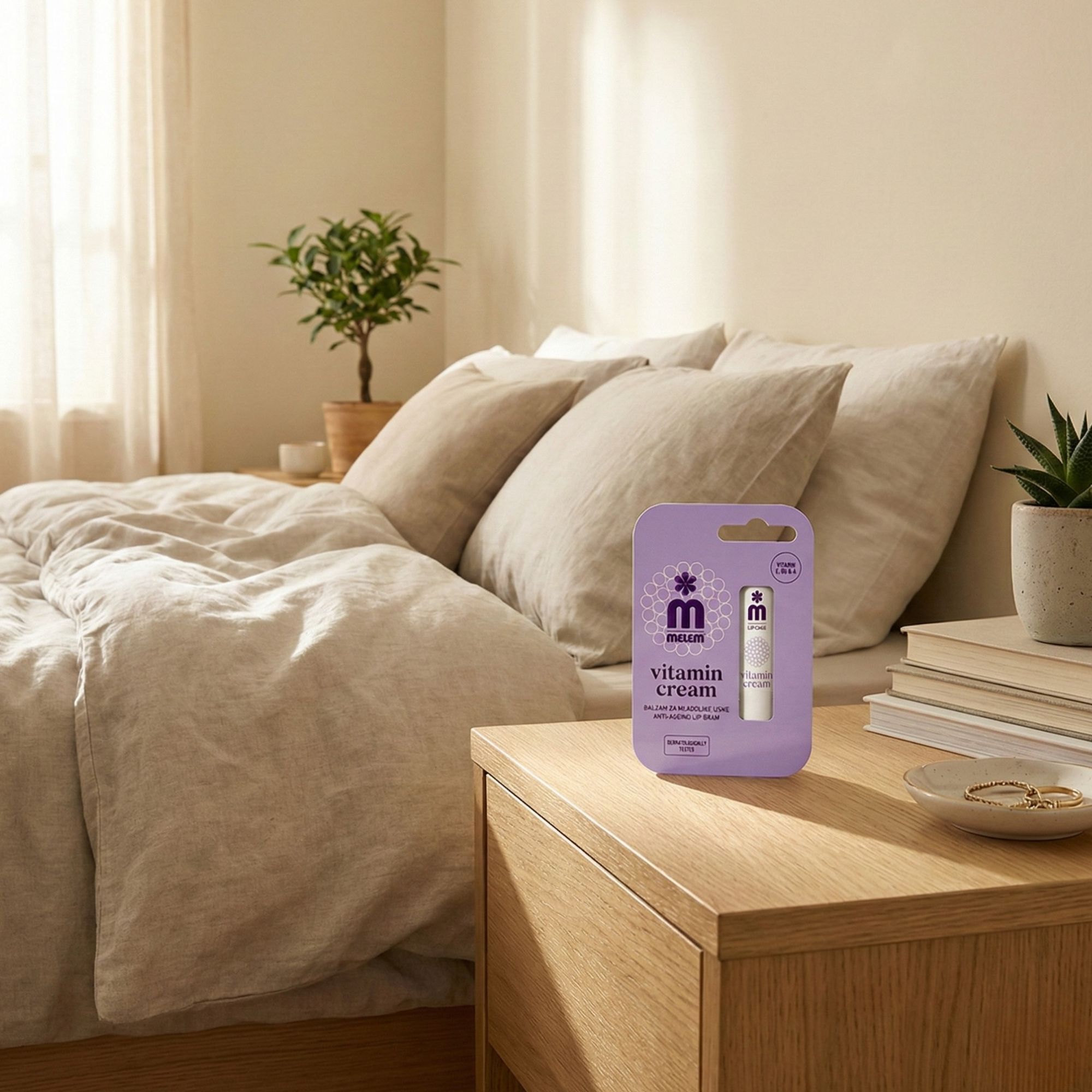 Lippenbalsam-Verpackung auf Nachttisch. Lila Verpackung mit Lippenbalsam. Aufschrift: MELEM, Vitamin Cream. Hintergrund: Bett und Pflanze.