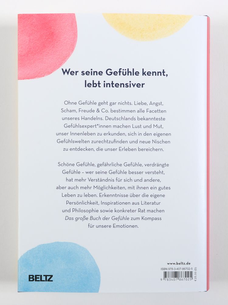 Buchrückseite: Text über Gefühle. Titel "Das große Buch der Gefühle". Verlag BELTZ. ISBN-Code und Preis.