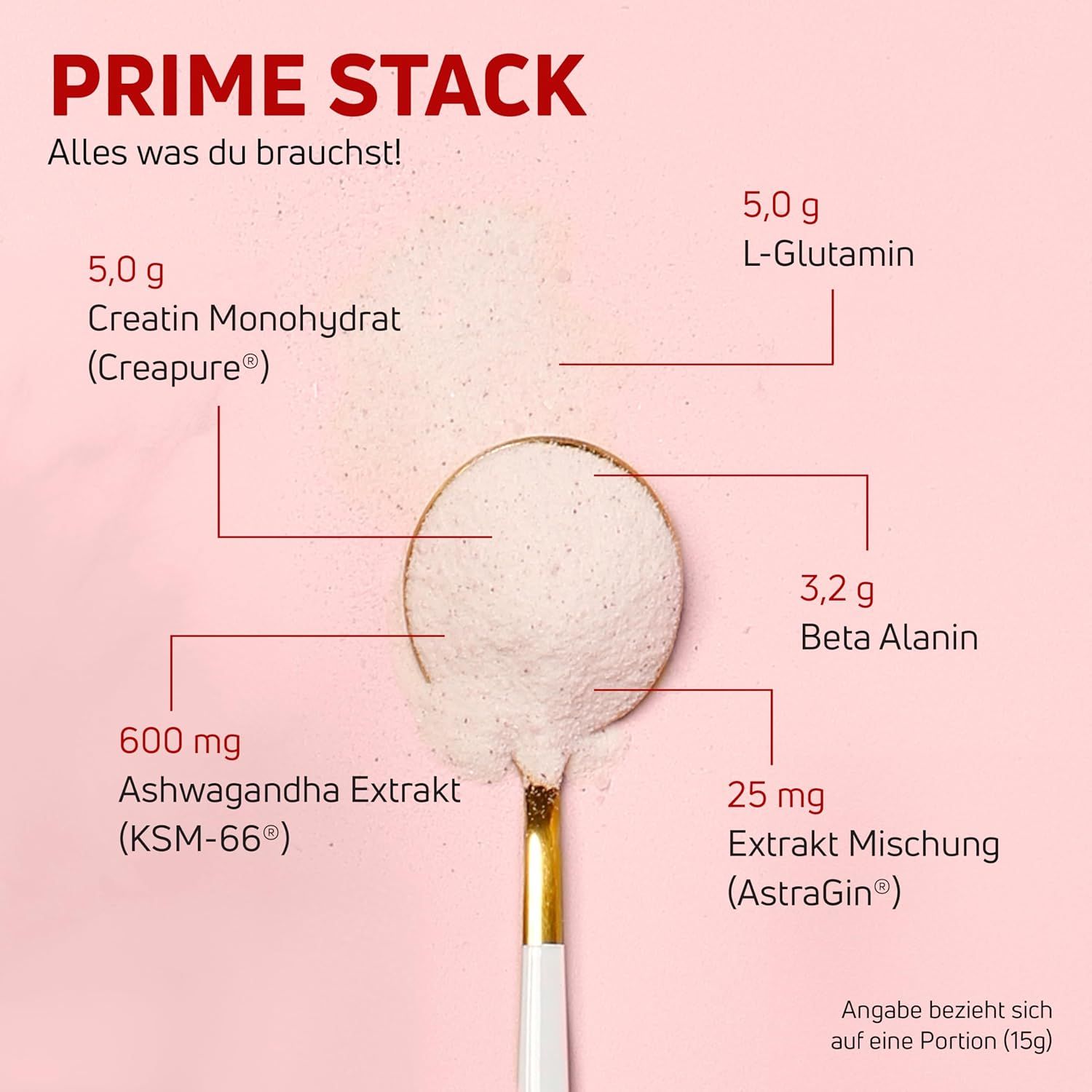 Löffel mit Pulver. Aufschrift Prime Stack. 5,0 g Creatin Monohydrat, 5,0 g L-Glutamin, 3,2 g Beta Alanin, 600 mg Ashwagandha Extrakt, 25 mg Extrakt Mischung.