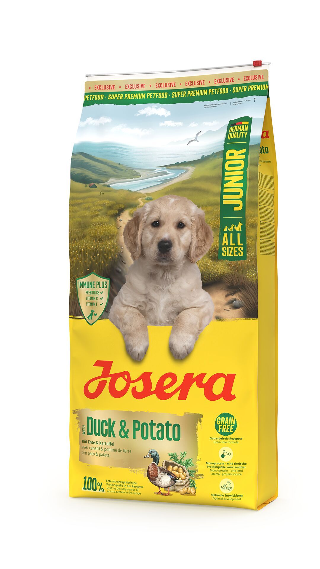 Gelbe Verpackung mit Welpen. Aufschrift JOSERA Junior Duck & Potato. Enthält Enten- und Kartoffel-Futter. Mit Qualitätszeichen.