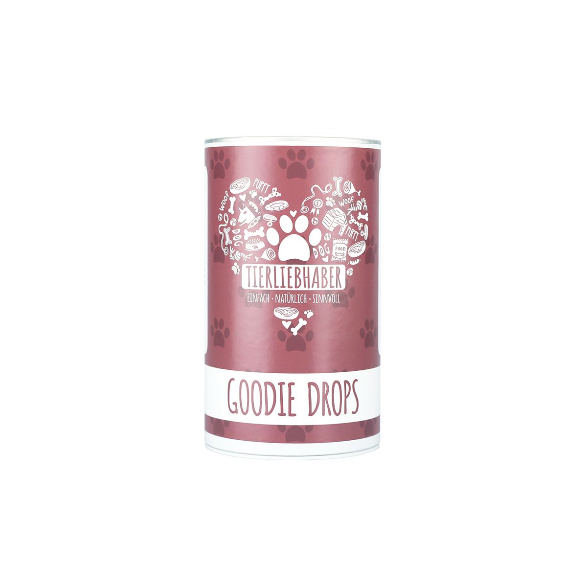 Zylindrische Dose mit Aufschrift "Tierliebhaber Goodie Drops". Rosa Hintergrund mit Pfoten-Motiv und weißem Logo.