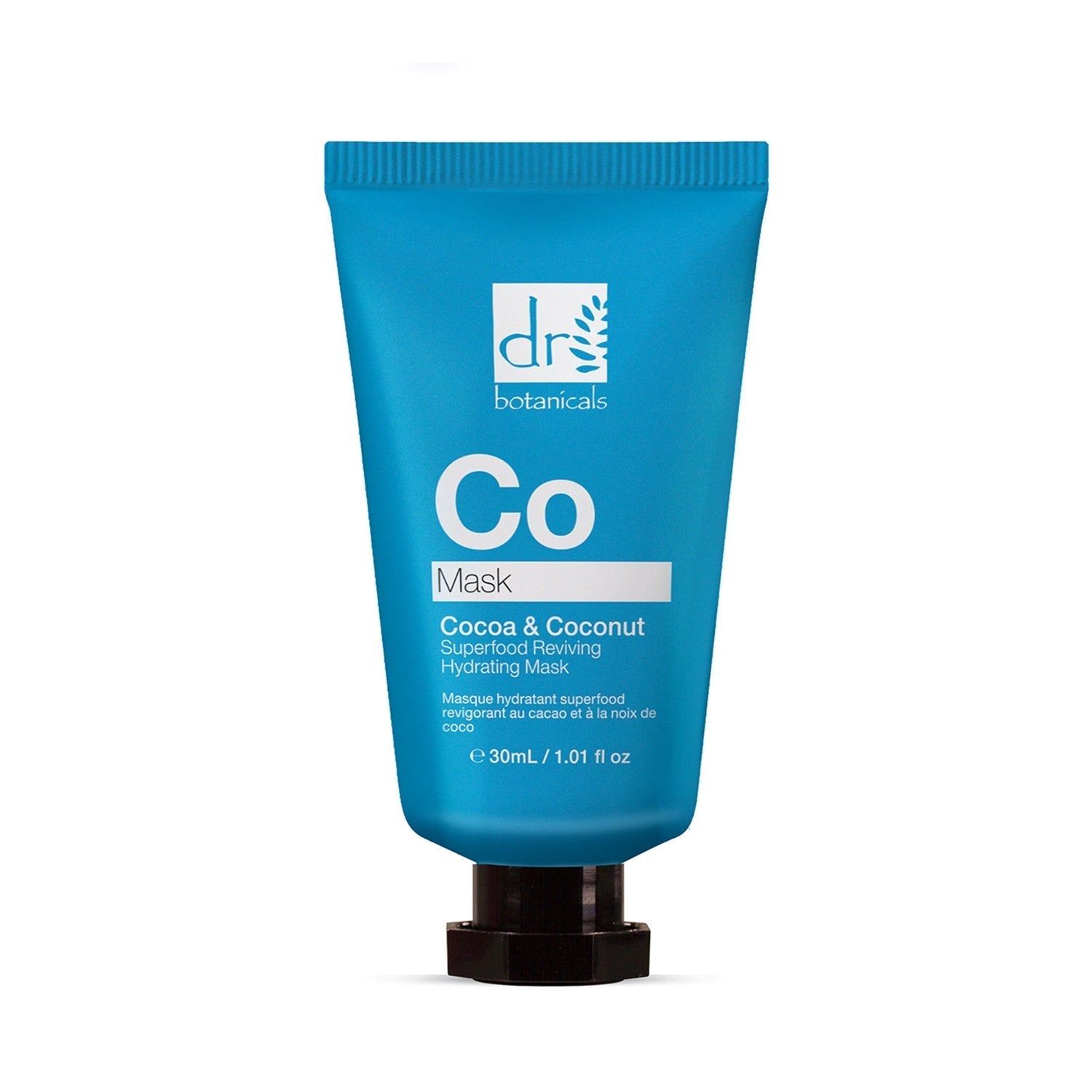 Blaue Tube mit schwarzem Verschluss. Aufschrift: Co Mask, Cocoa & Coconut Superfood Reviving Hydrating Mask. Marke: dr botanicals.