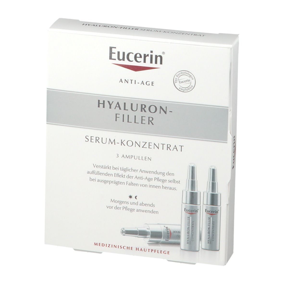 Weiße Schachtel mit Eucerin-Logo und Produktnamen. Enthält drei Ampullen Hyaluron-Filler Serum-Konzentrat.