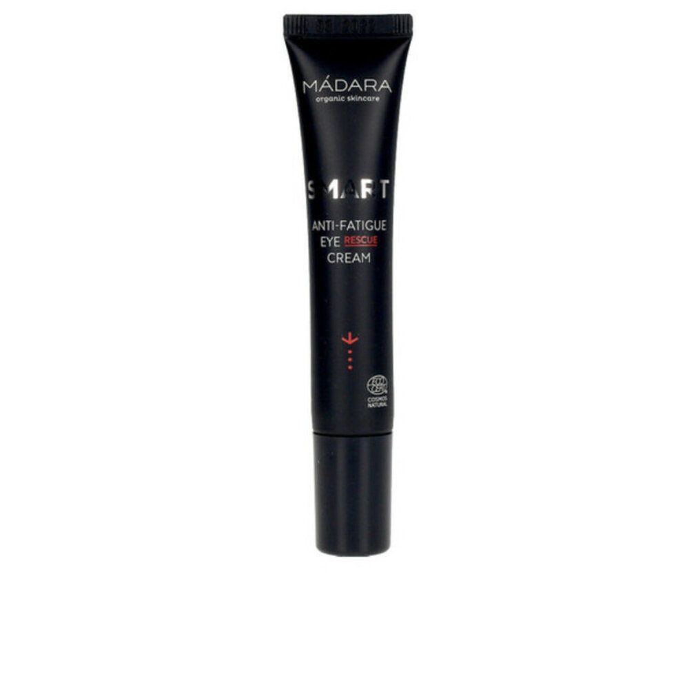 Schwarze Tube mit Augencreme. Aufschrift: Mádara, Smart Anti-Fatigue Eye Rescue Cream. Mit COSMOS-Zertifizierung.
