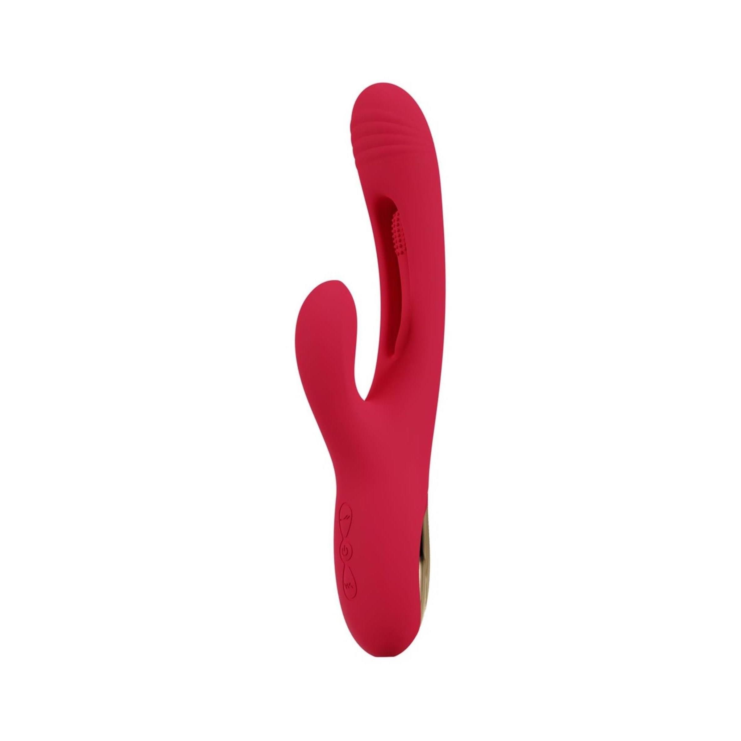 Roter Vibrator mit gebogener Form. Der Kopf ist länglich, der Schaft gebogen mit einem kleineren, gebogenen Teil.